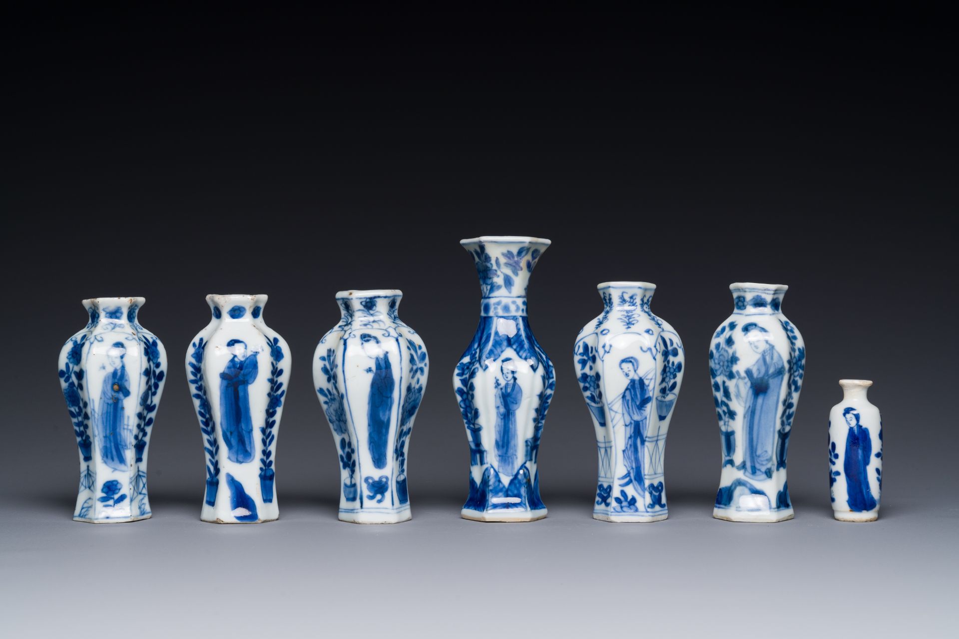 Seven Chinese blue and white 'Long Eliza' miniature vases, Kangxi - Image 2 of 5