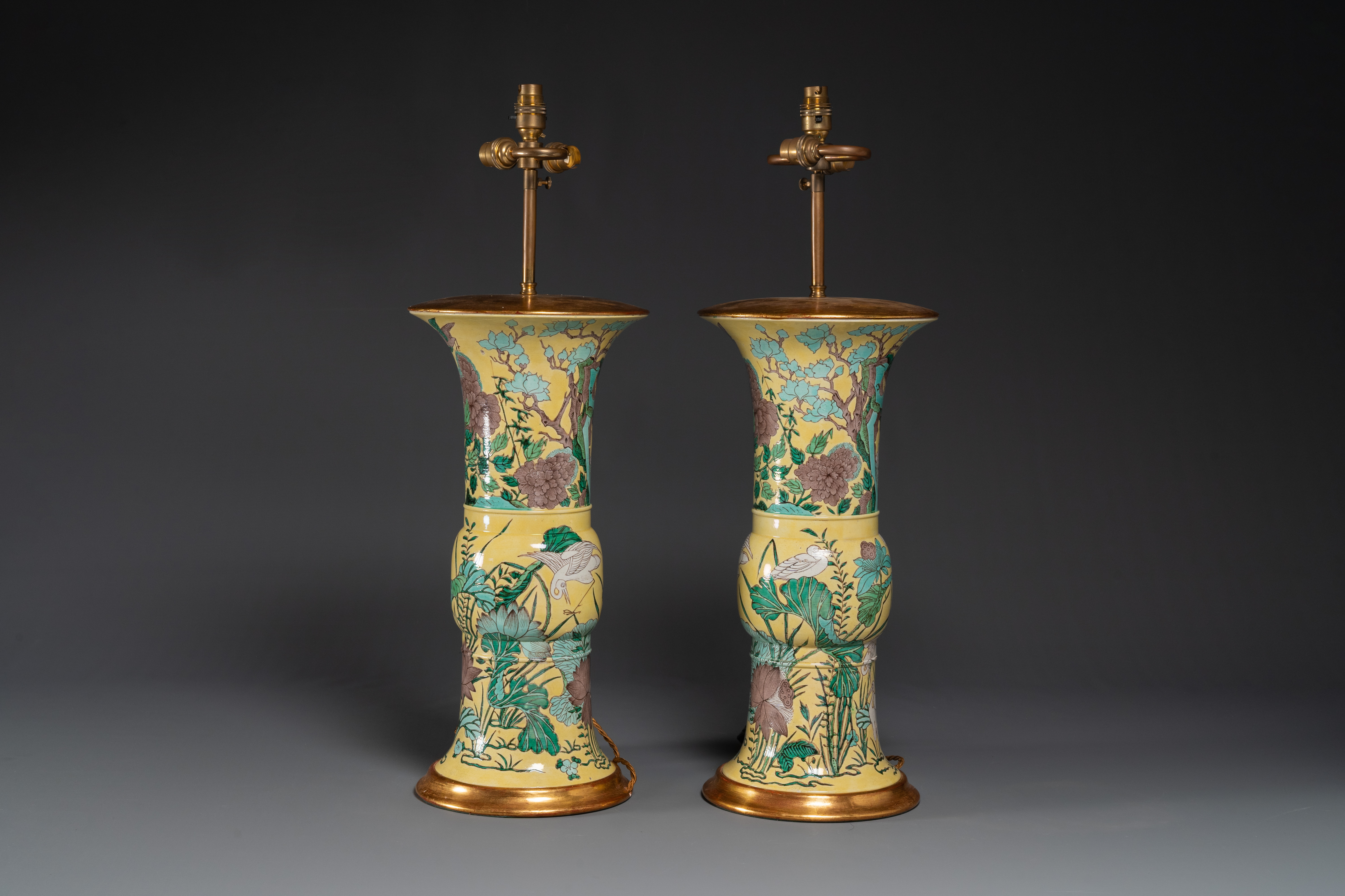 A pair of Chinese verte biscuit 'gu' vases with gilt bronze lamp mounts, 19th C. - Image 3 of 6