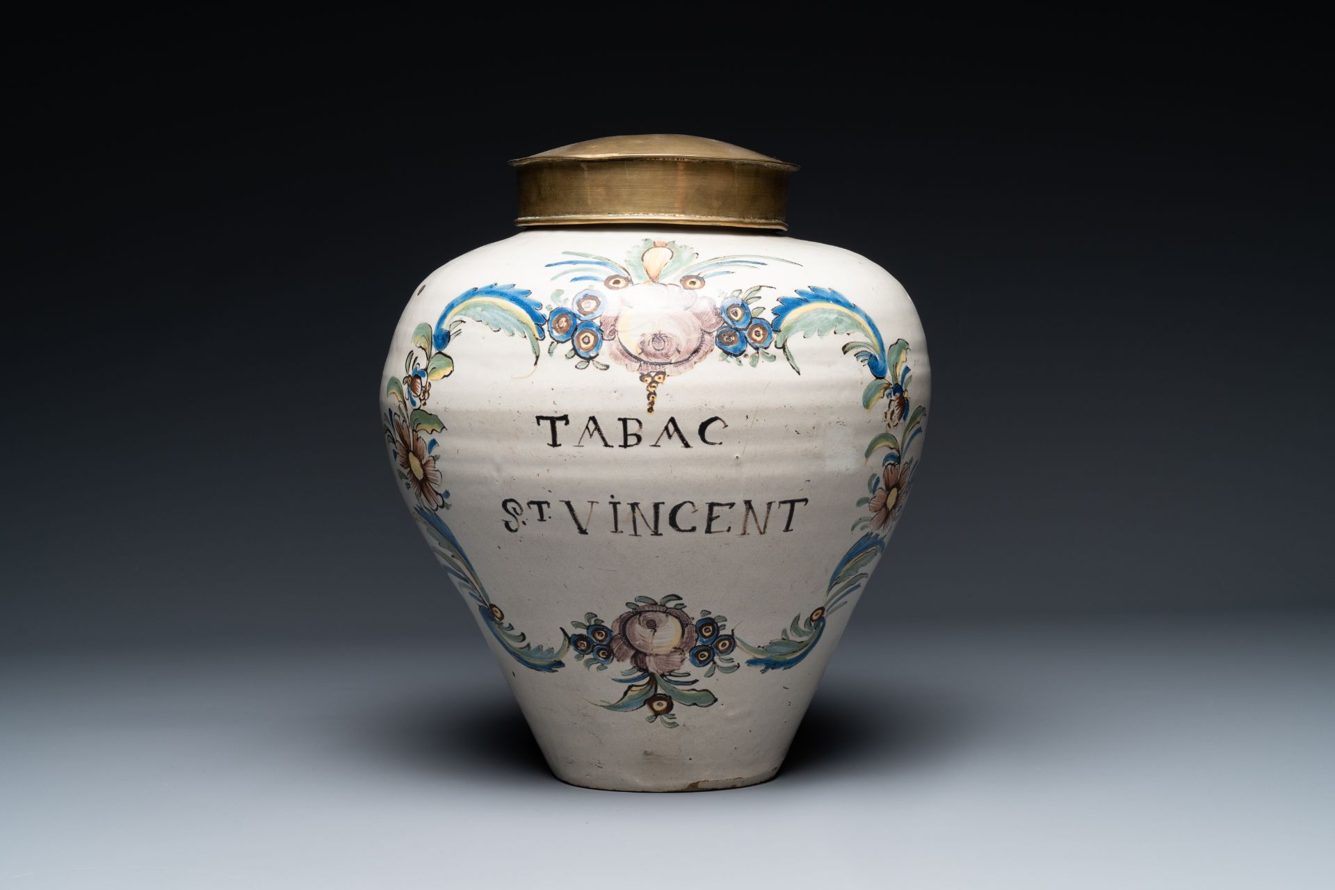 A polychrome pottery 'St. Vincent' tobacco jar, France, 18th century - Image 4 of 19