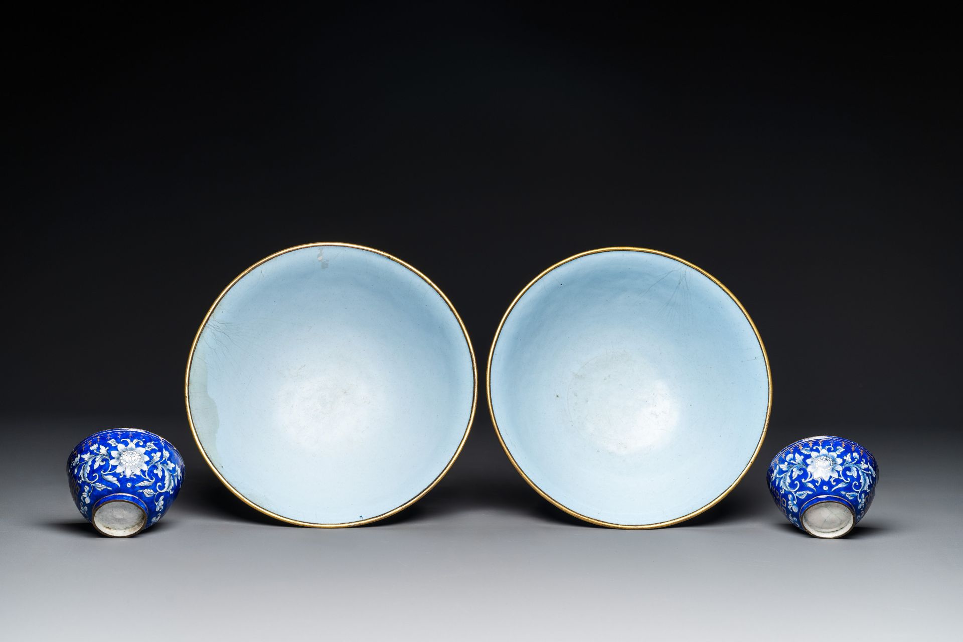 A pair of Chinese Canton enamel bowls and a pair of 'double-happiness' cups, Ruyi å¦‚æ„ mark, Qianl - Image 3 of 4