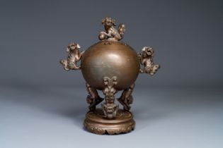 A large Chinese bronze censer and cover on stand decorated with six lions, 19th C.