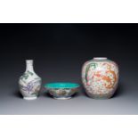 A Chinese famille rose vase, bowl and jar, Qianlong mark, 19th C.