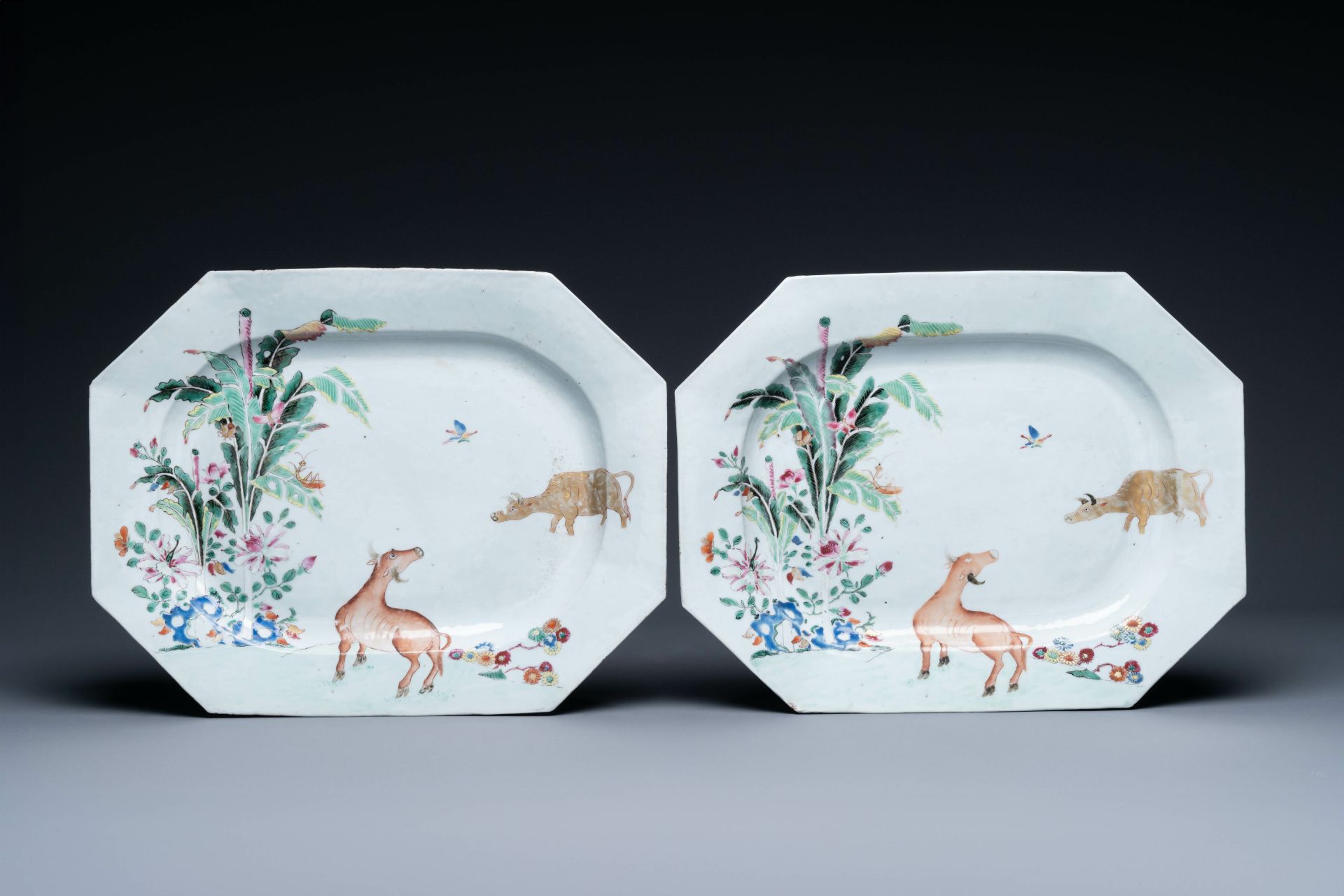 A pair of Chinese octagonal famille rose 'water buffalo' dishes, Qianlong