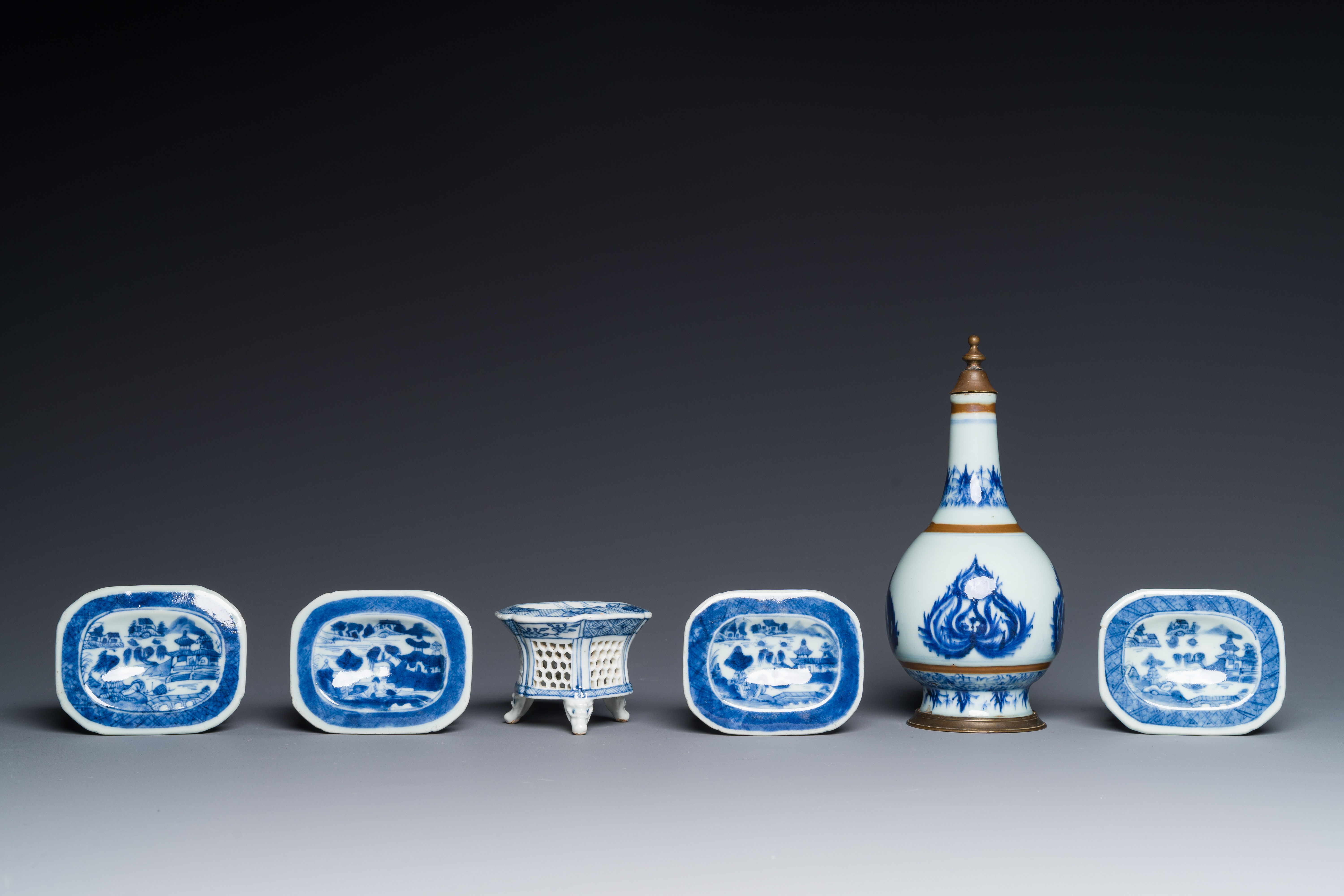 Five Chinese blue and white salts and a sprinkler with copper mounts, Kangxi/Jiaqing - Image 2 of 5