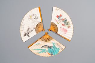 Three folding fans, follower of Zhang Daqian å¼µå¤§åƒ (1899-1983) and Wu Hufang å´æ¹–å¸† (1894-196