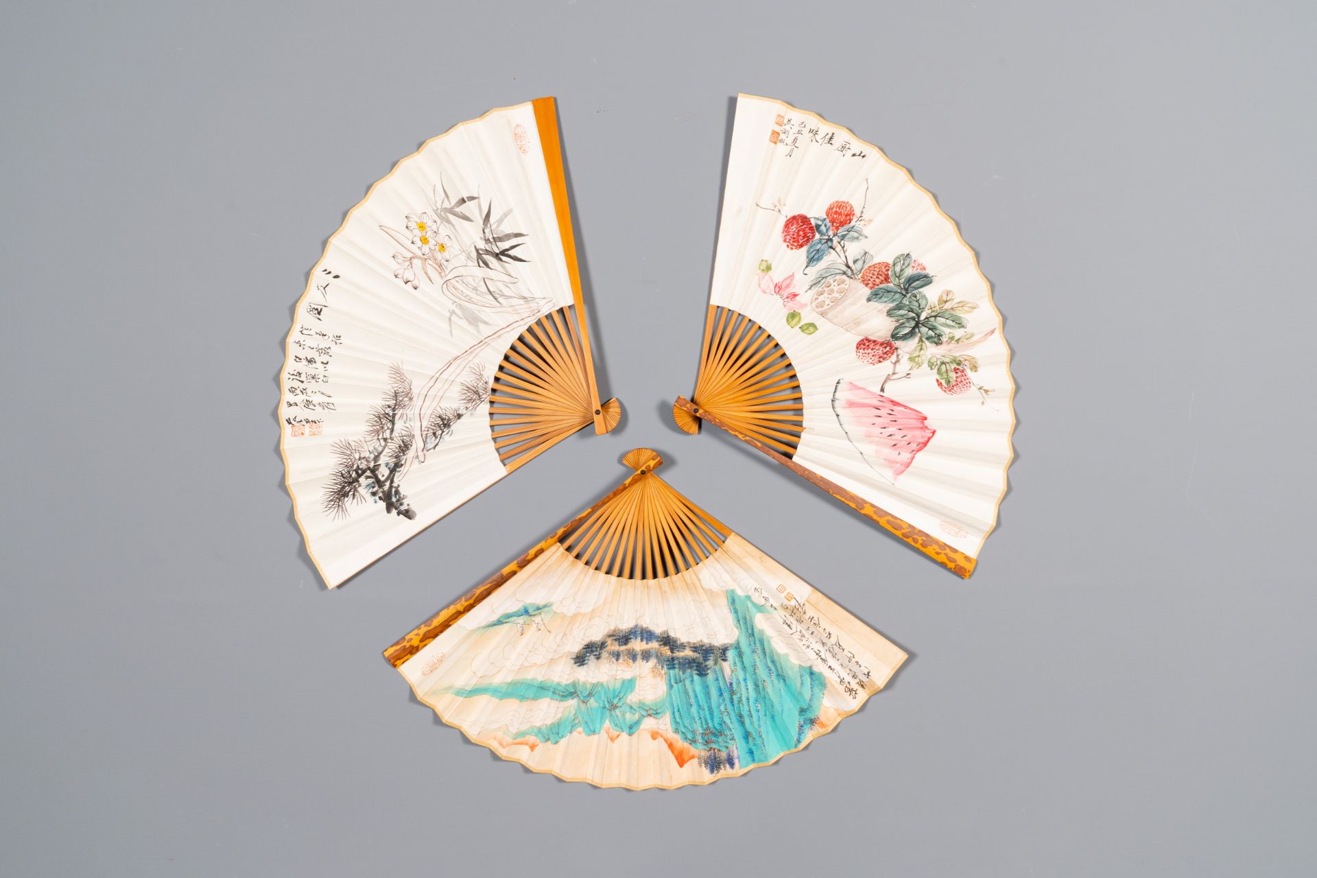 Three folding fans, follower of Zhang Daqian å¼µå¤§åƒ (1899-1983) and Wu Hufang å´æ¹–å¸† (1894-196