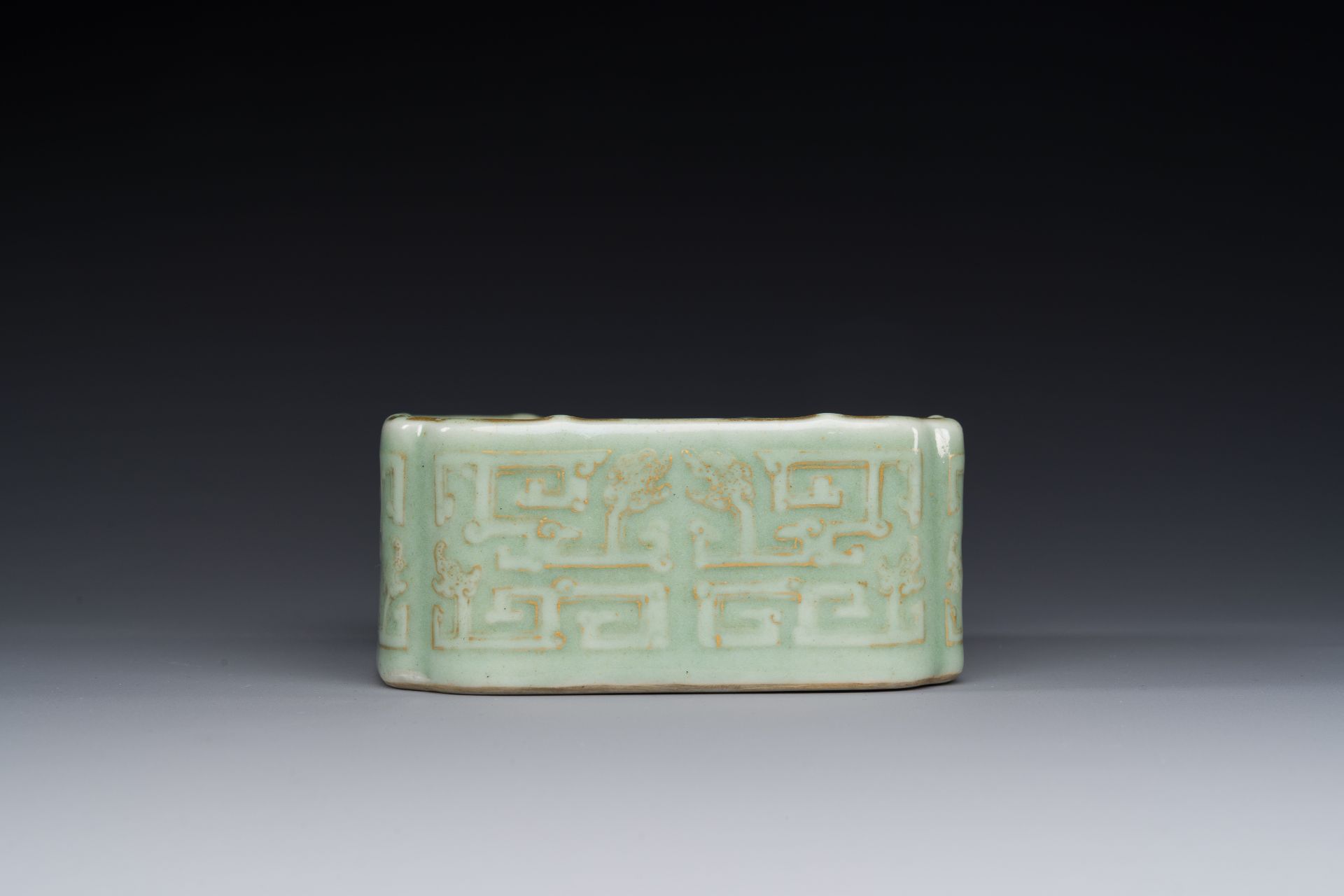 A square Chinese gilt monochrome celadon-glazed 'dragon' bowl, Daoguang mark and of the period - Image 3 of 4