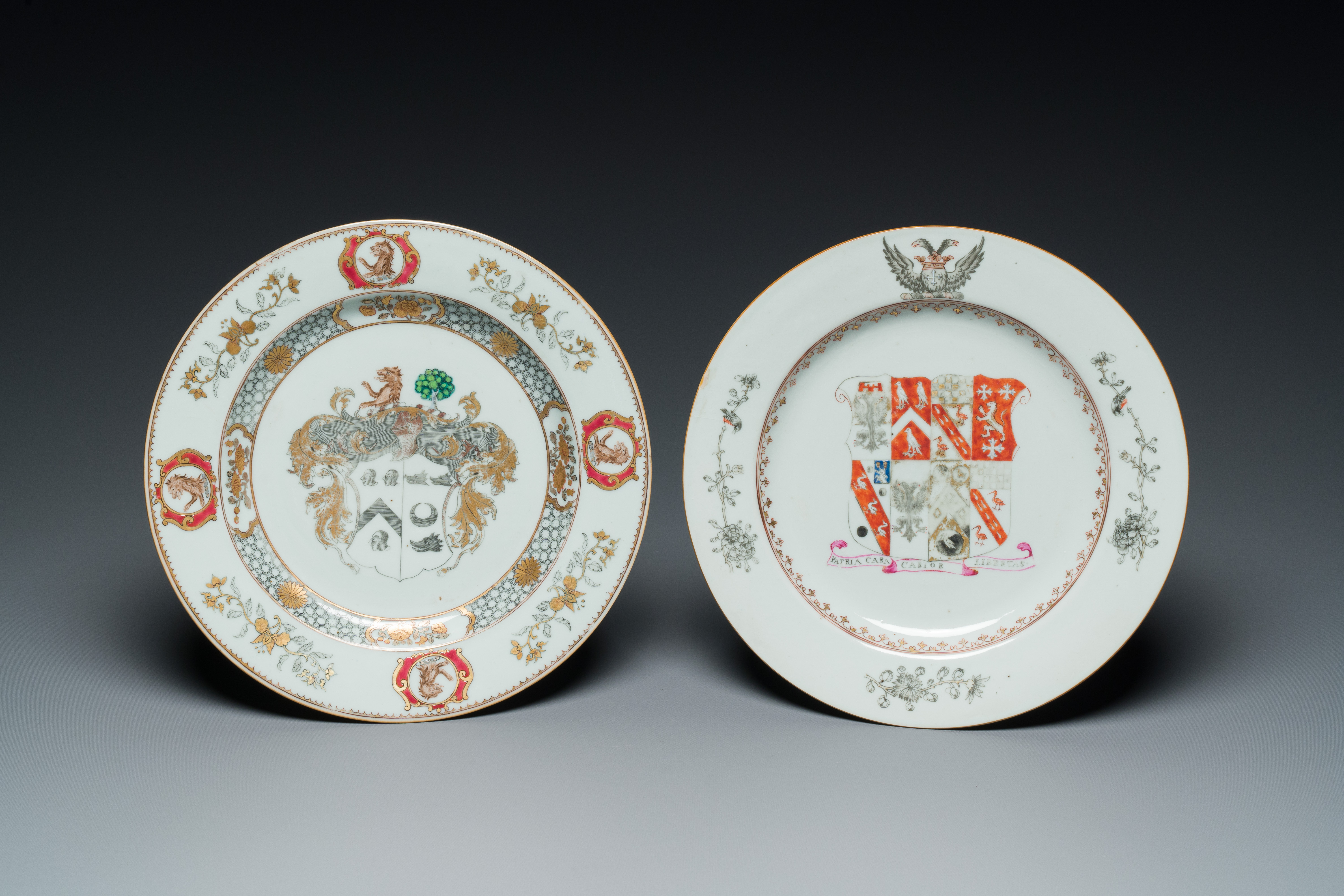 A Chinese grisaille armorial dish and two plates for the Dutch, English and Scottish markets, Qianlo - Image 4 of 5