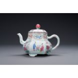 An exceptional large hexagonal Chinese famille rose teapot and cover, Yongzheng