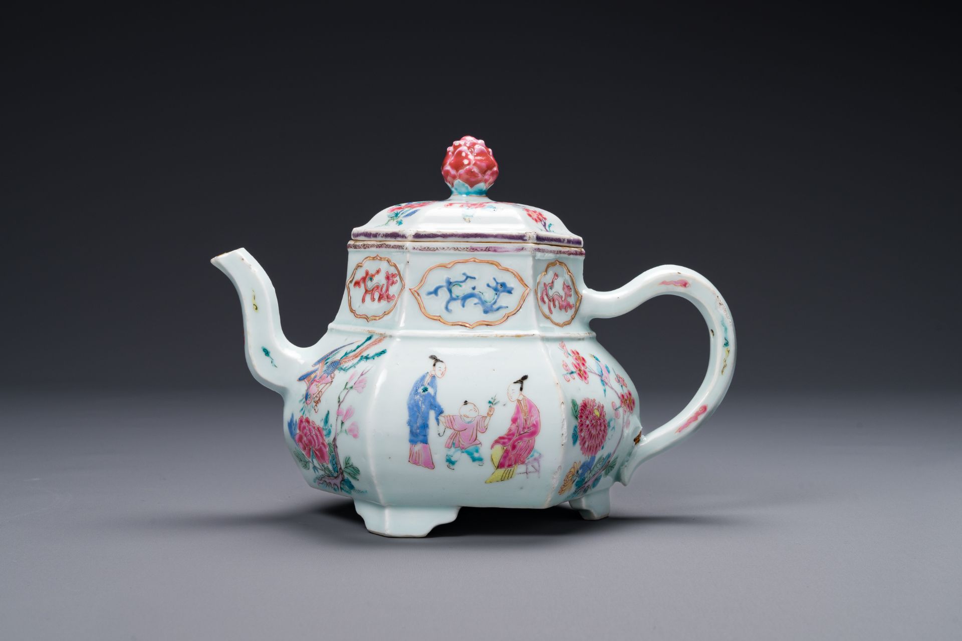 An exceptional large hexagonal Chinese famille rose teapot and cover, Yongzheng