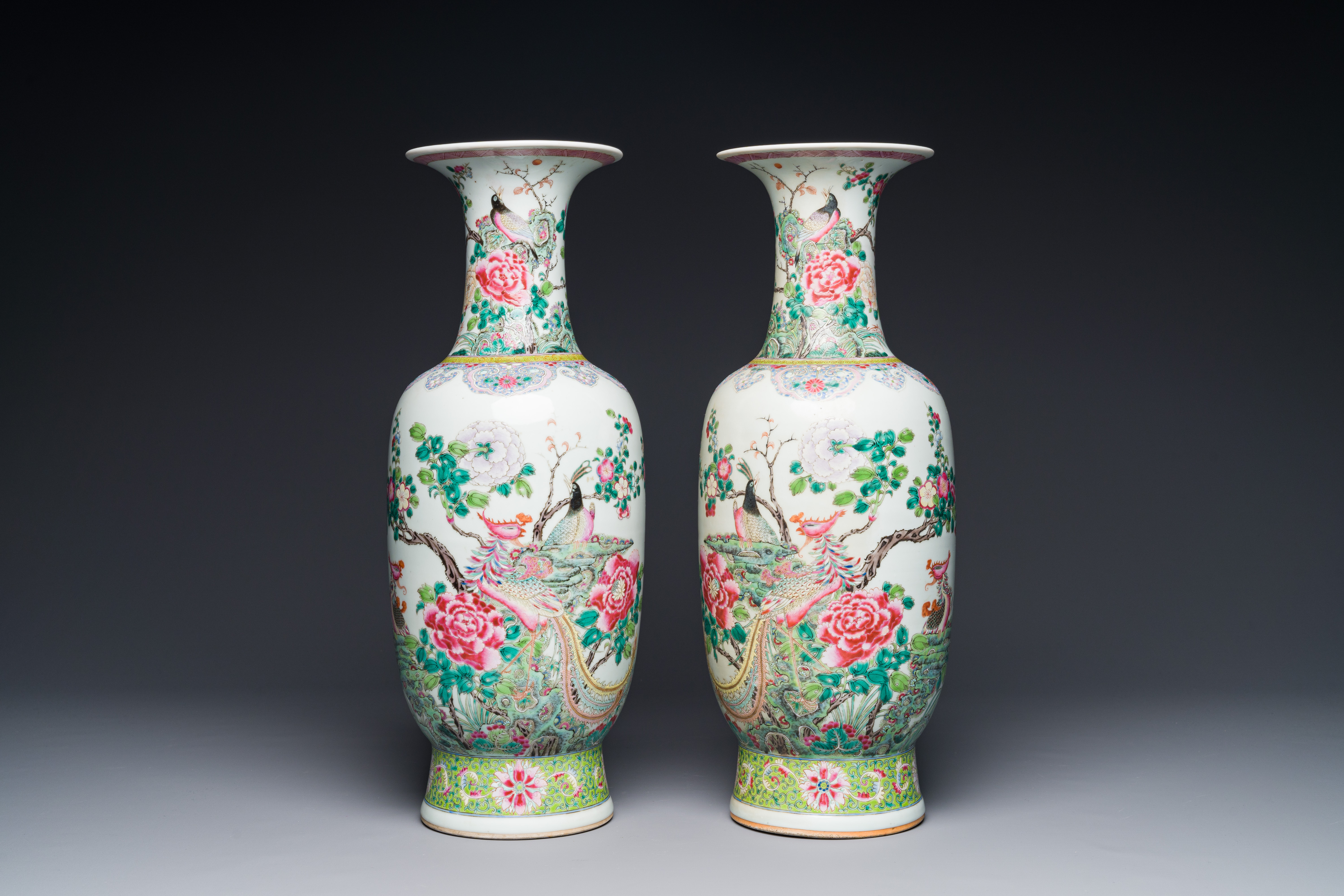 A pair of Chinese famille rose vases with birds among blossoming branches, Qianlong mark, Republic