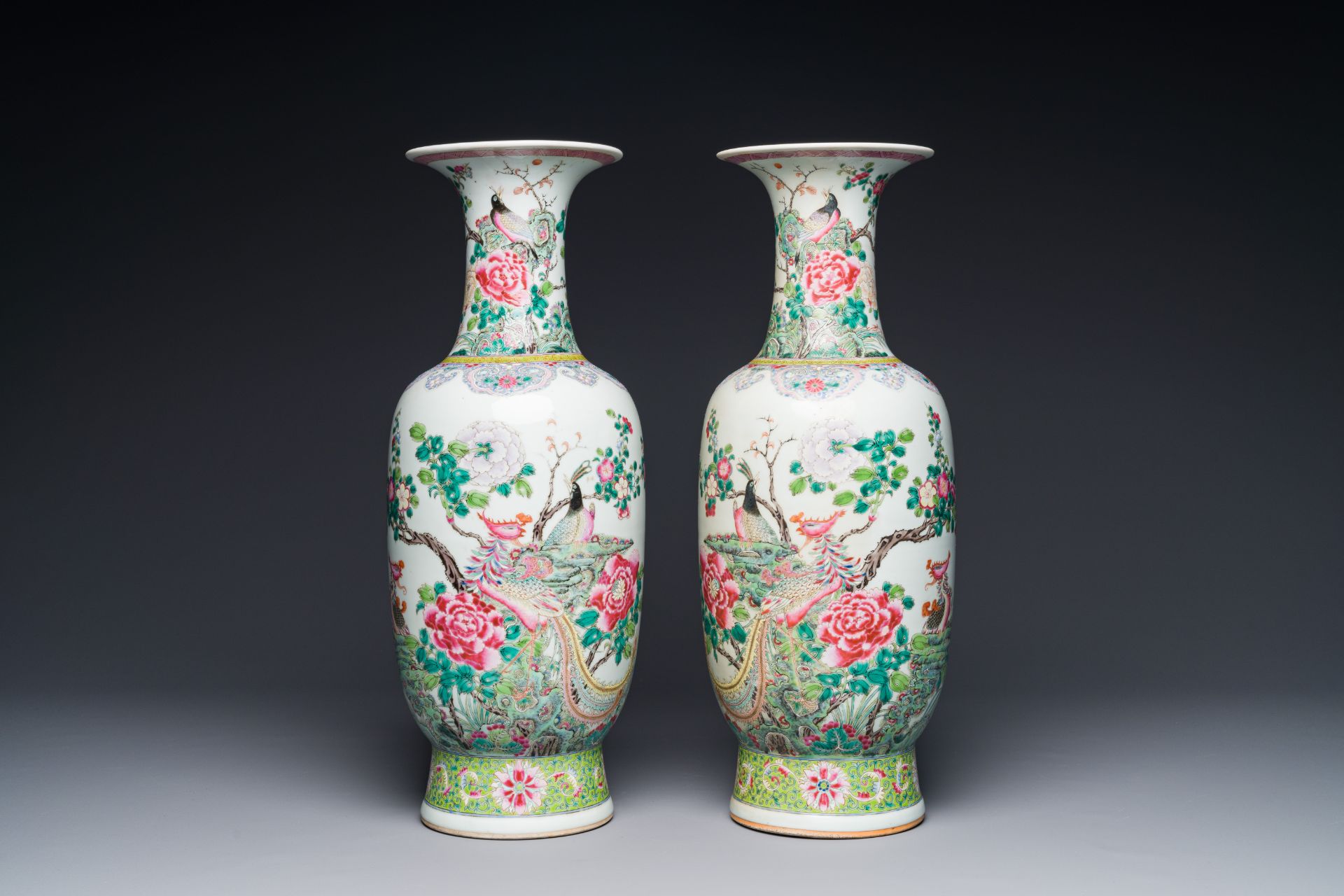 A pair of Chinese famille rose vases with birds among blossoming branches, Qianlong mark, Republic