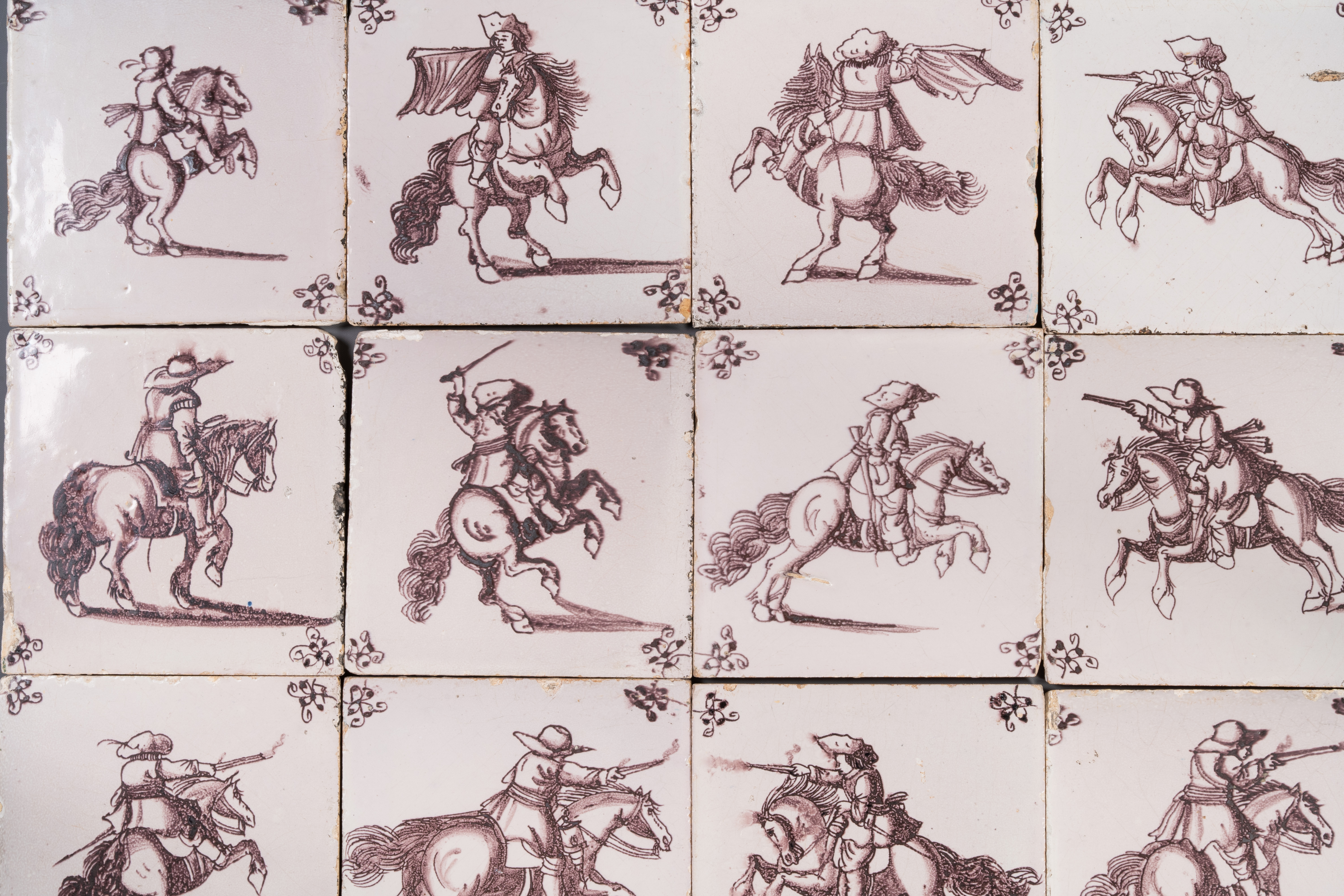 Fifteen Dutch Delft manganese tiles with horse riders, late 17th C. - Image 4 of 13