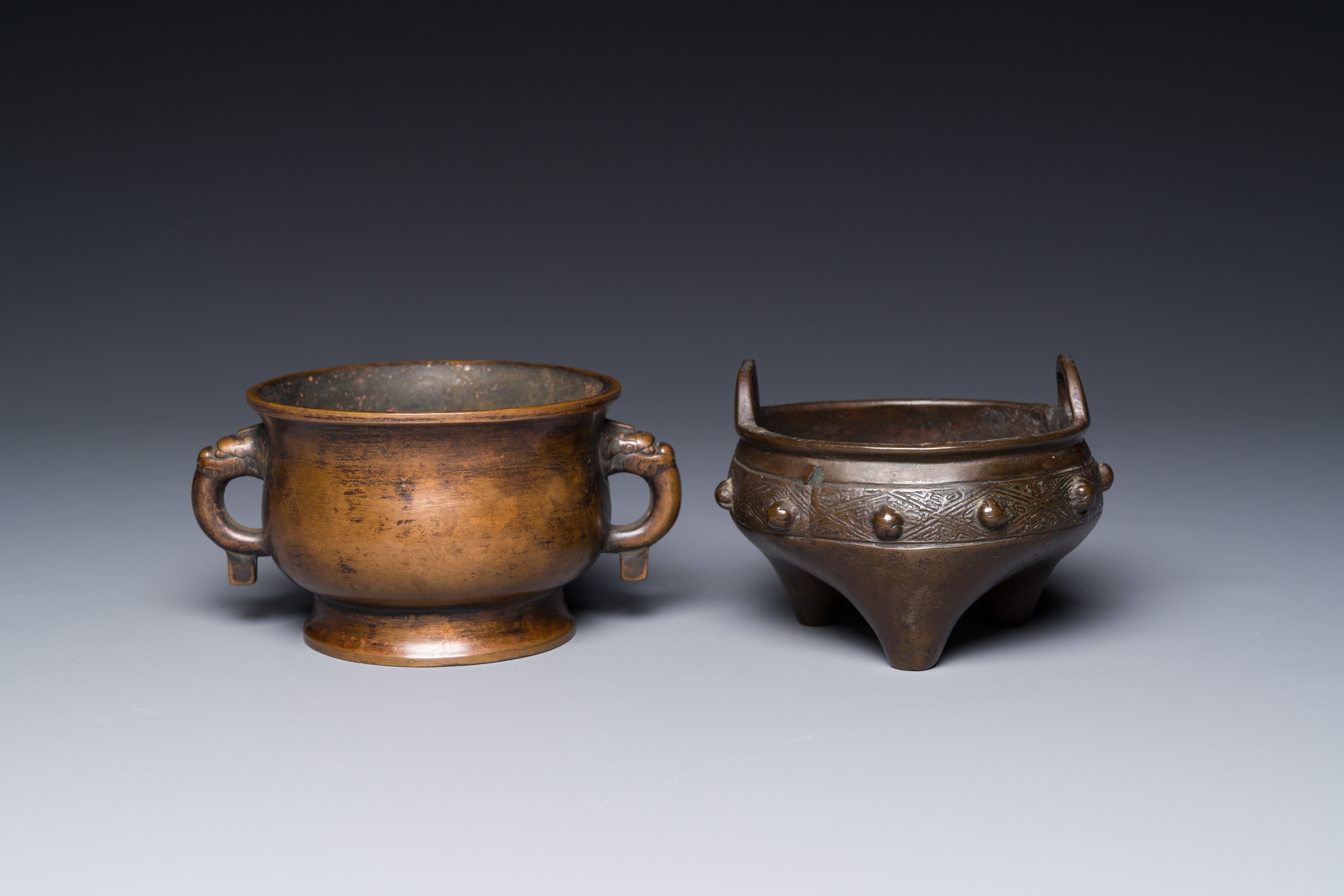 Two Chinese bronze censers, Xuande mark, Yuan/Ming