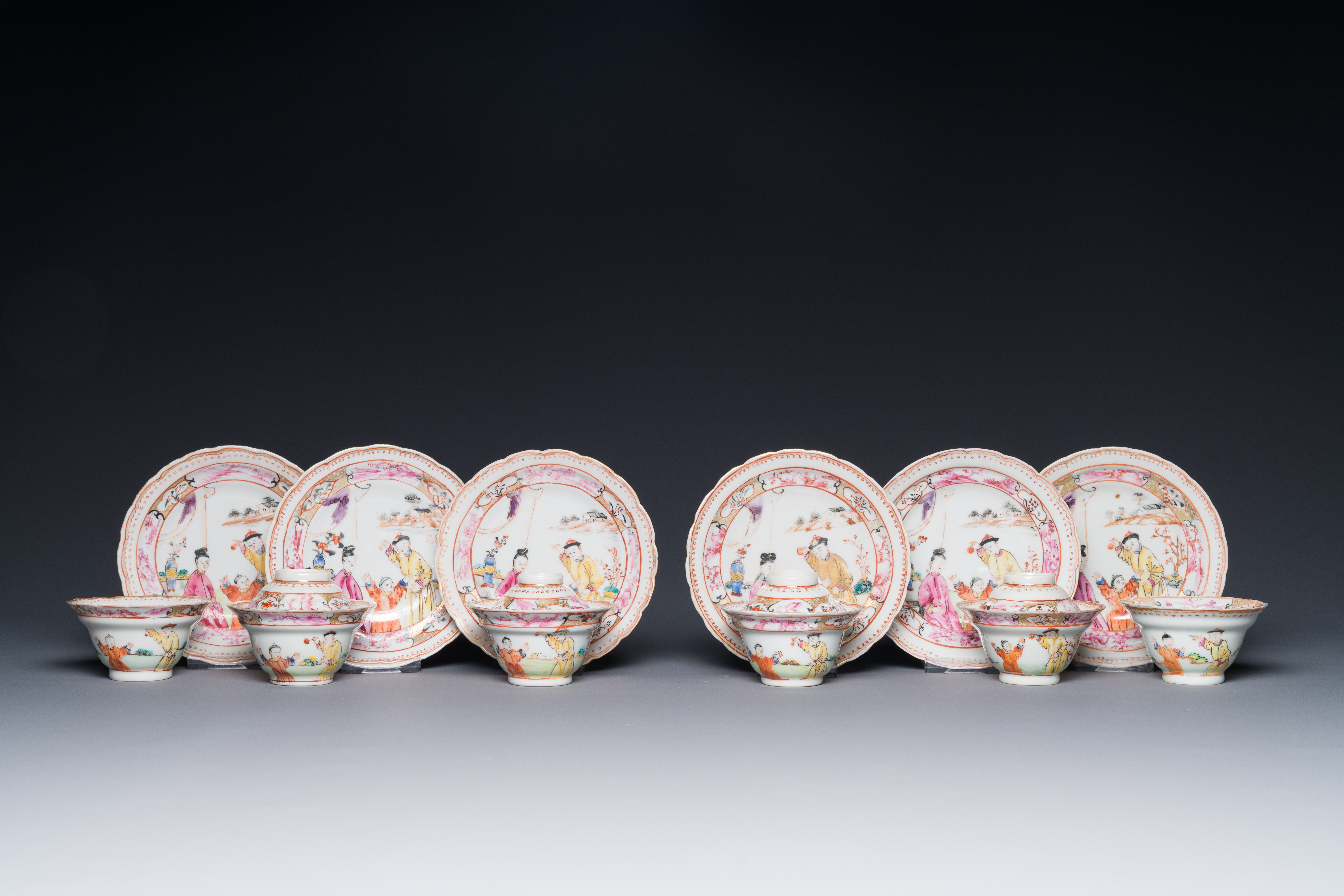 Six Chinese Canton famille rose 'mandarin subject' cups and saucers with four covers, Qianlong