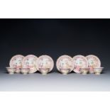 Six Chinese Canton famille rose 'mandarin subject' cups and saucers with four covers, Qianlong