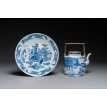 A Chinese blue and white teapot with landscape design and an 'antiquities' dish, 19th C.