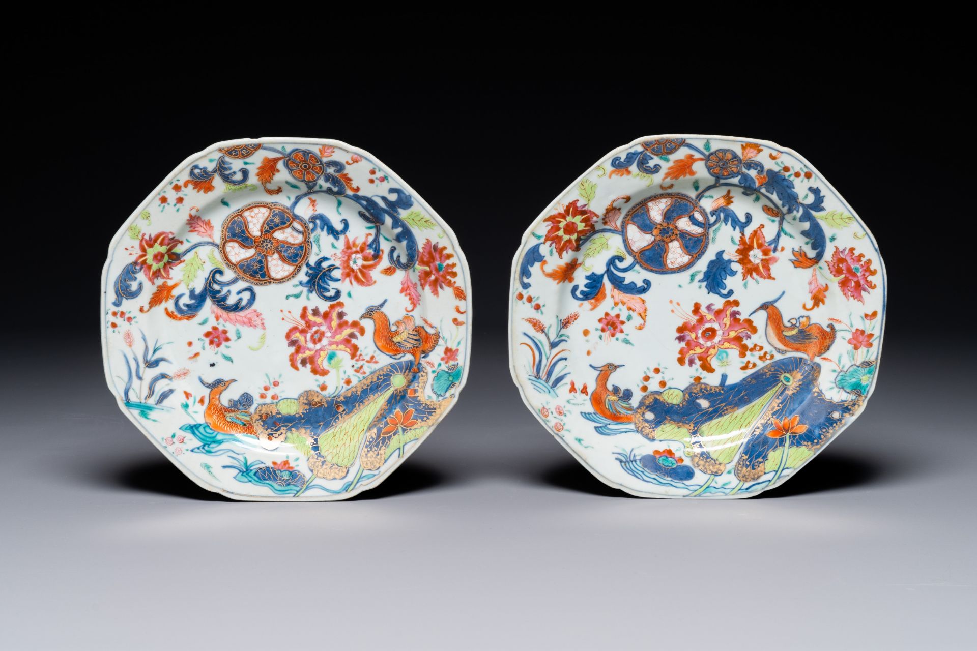 A pair of Chinese famille rose 'pseudo-tobacco leaf' plates, Qianlong