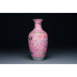 A Chinese pink-sgraffito-ground famille rose 'butterfly' vase, Qianlong mark and possibly of the per