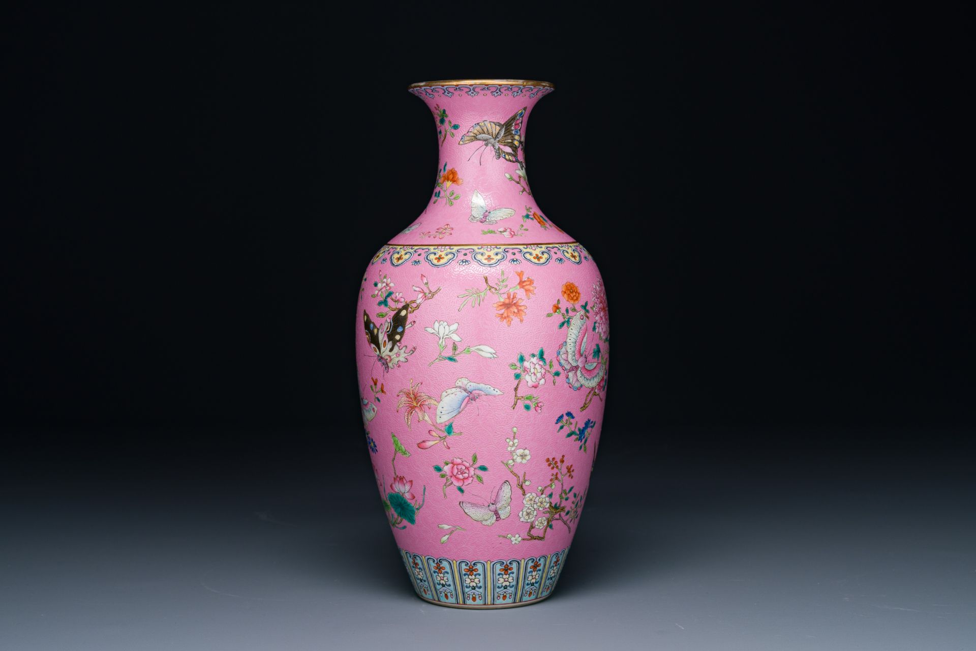 A Chinese pink-sgraffito-ground famille rose 'butterfly' vase, Qianlong mark and possibly of the per