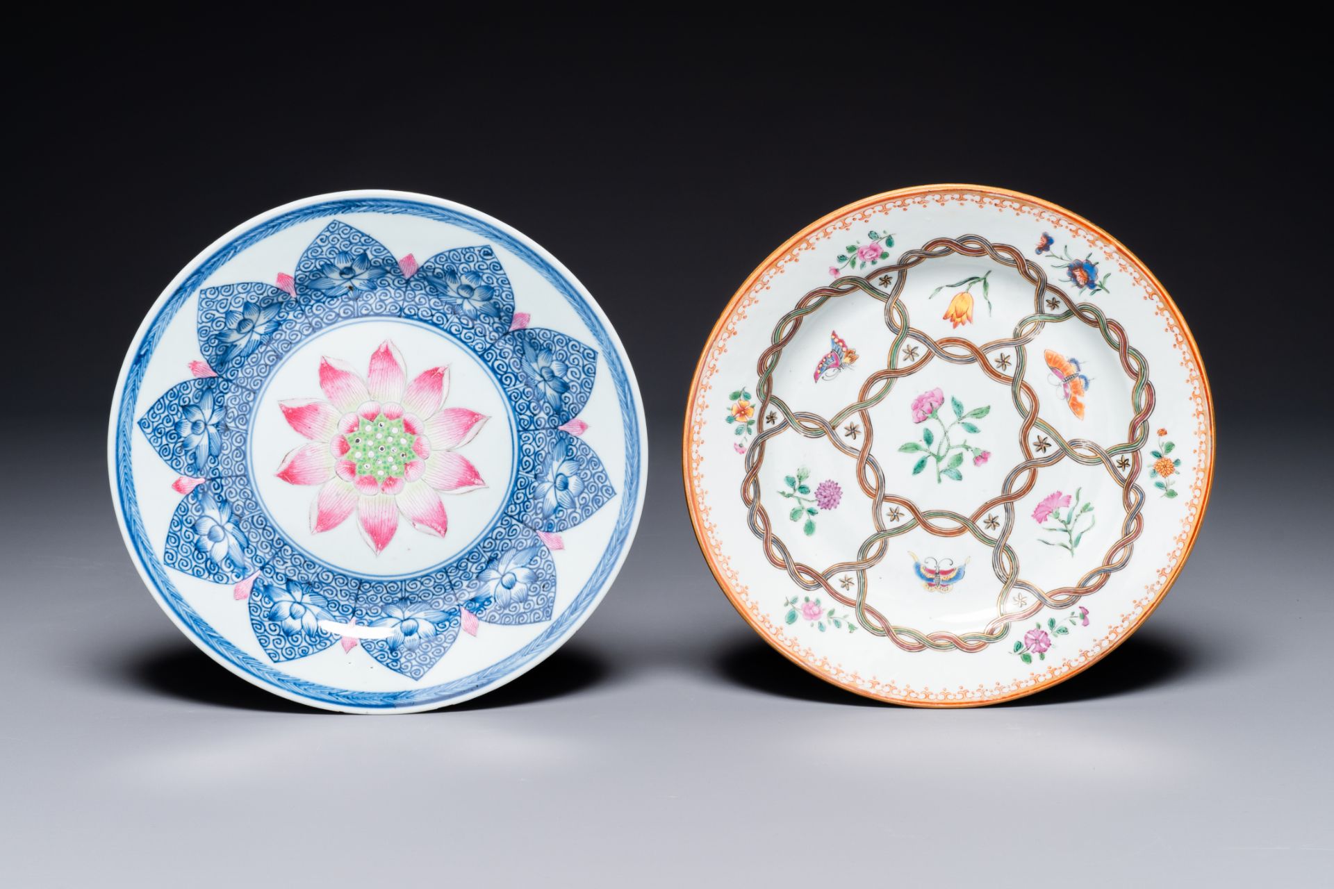 A Chinese famille rose 'lotus' plate for the Southeast Asian market and a 'butterfly and flower' pla