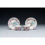 A pair of Chinese famille rose 'Xi Xiang Ji' cups and saucers, Yongzheng