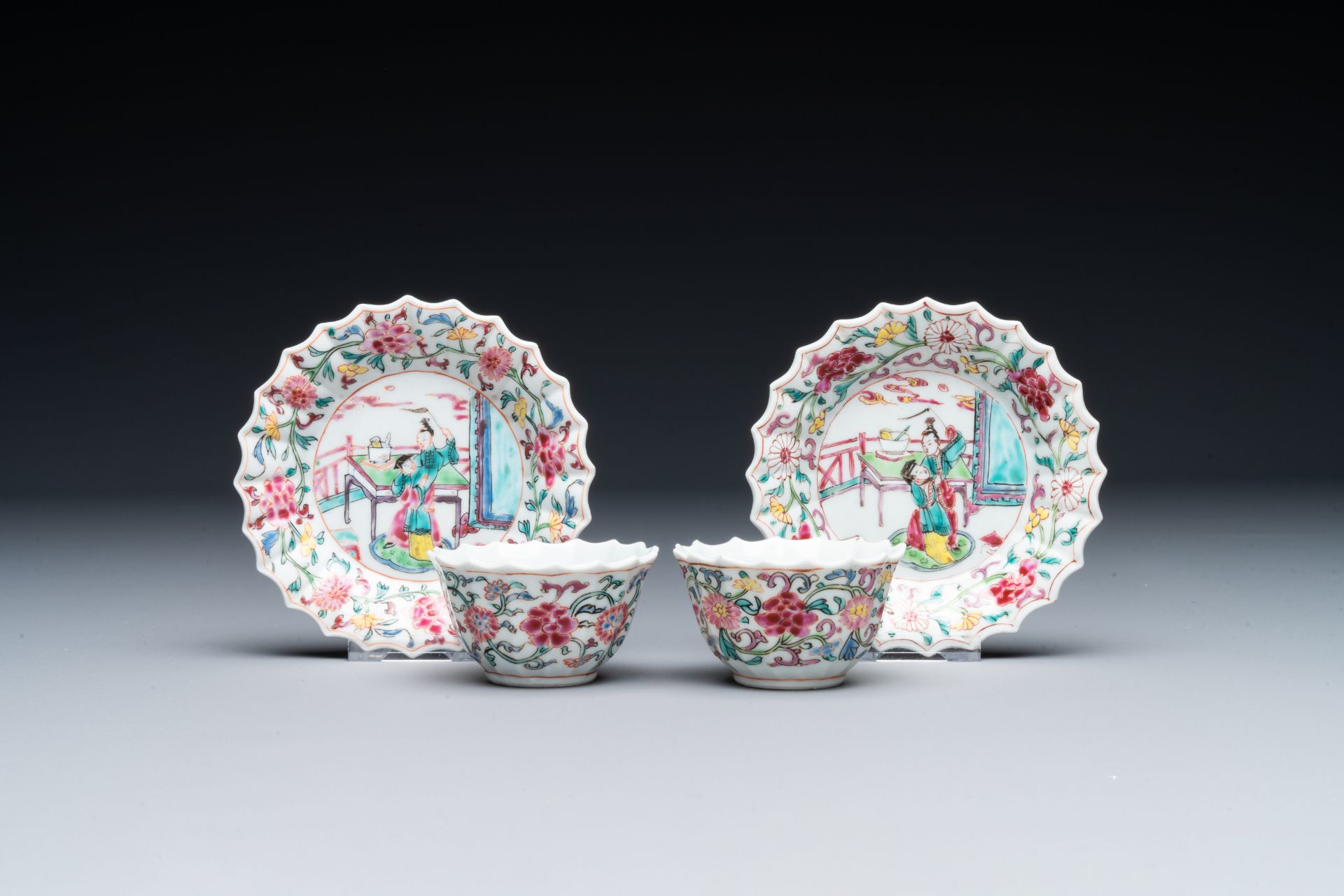 A pair of Chinese famille rose 'Xi Xiang Ji' cups and saucers, Yongzheng