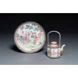 A Chinese Canton enamel 'European scene' plate and a teapot, Qianlong