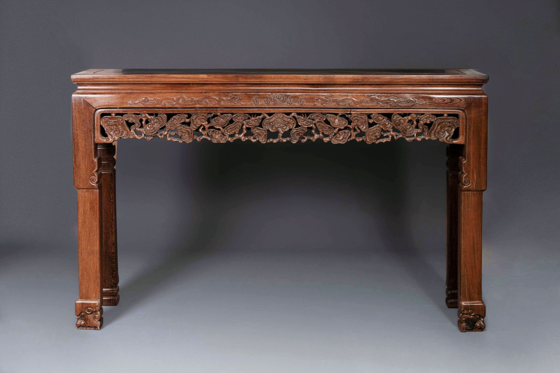 A large Chinese jichimu wooden 'tiaoan' with lingzhi and chilong design, 19/20th C.