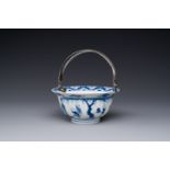 A Chinese blue and white bowl depicting playing boys and ladies with a silver handle, Chenghua mark,