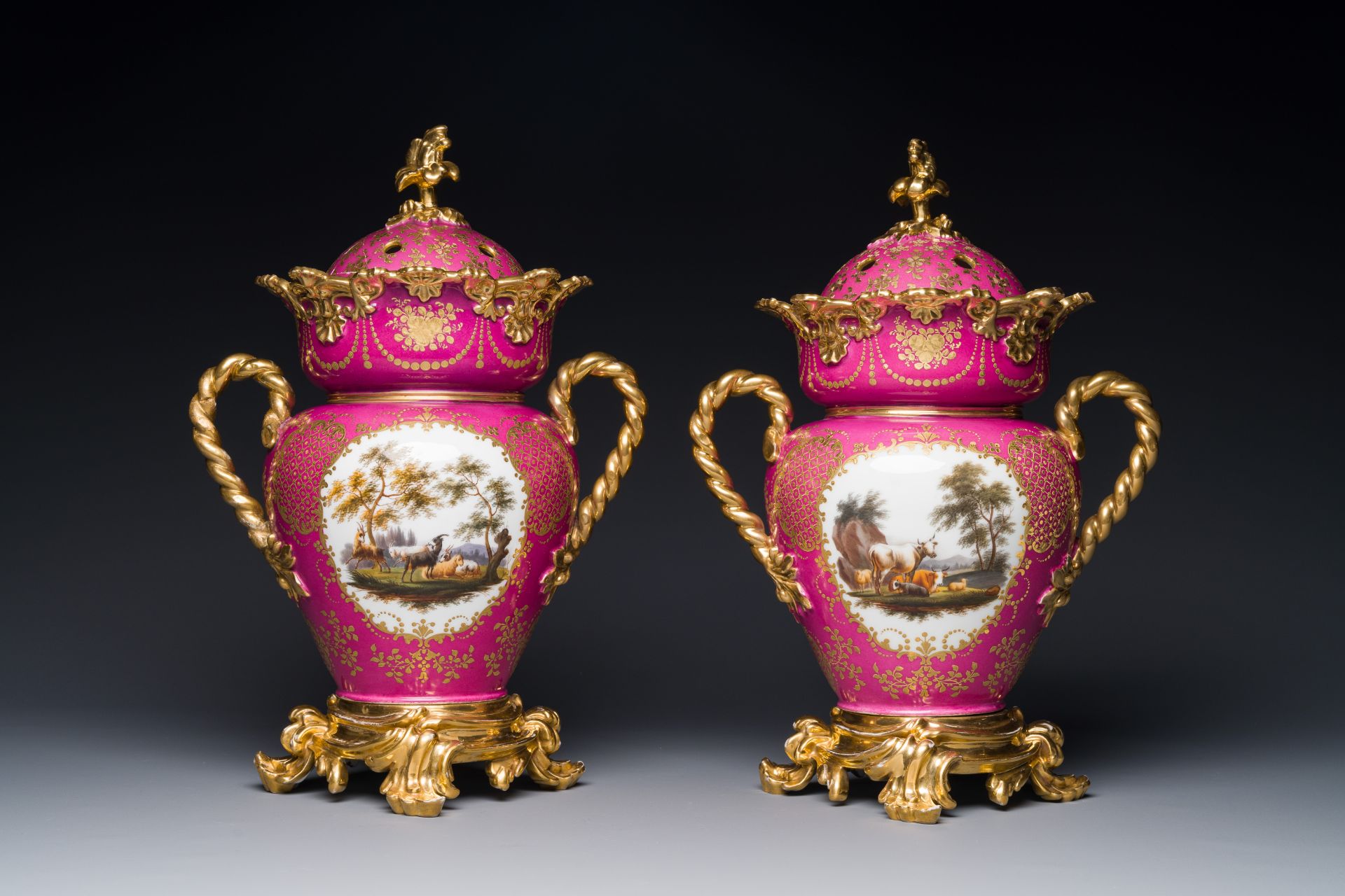 A pair of French parcel-gilt polychrome pink-ground porcelain potpourri vases, Jacob Petit, Paris, 1 - Image 3 of 7