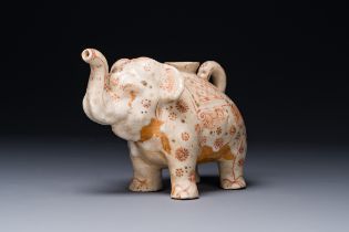 A rare Vietnamese polychrome painted stoneware elephant shaped jug, Le dynasty, 16th C.