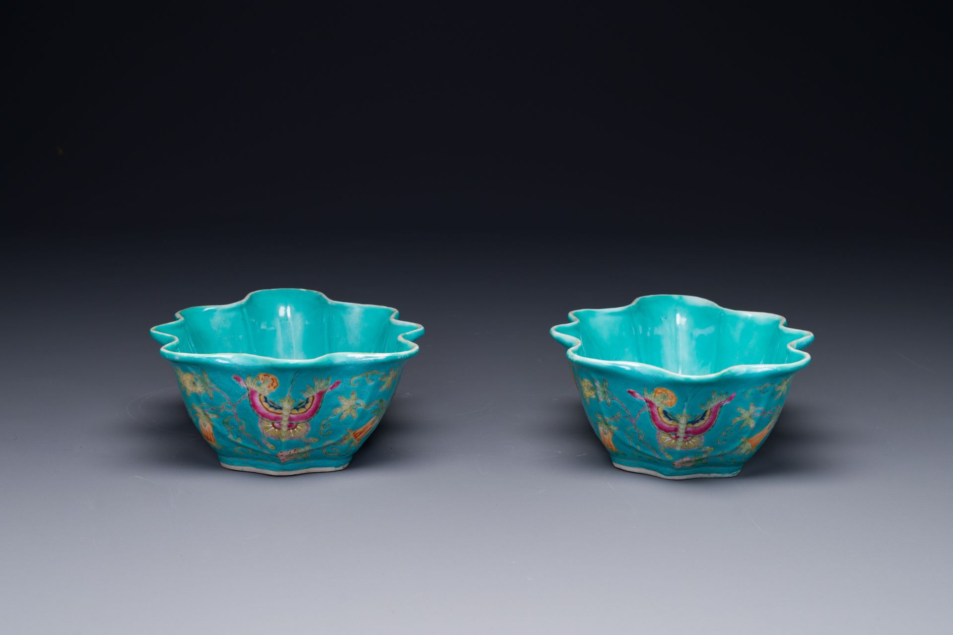 A pair of Chinese turquoise-ground famille rose leaf-shaped bowls with butterfly design, Jiaqing mar - Image 4 of 6