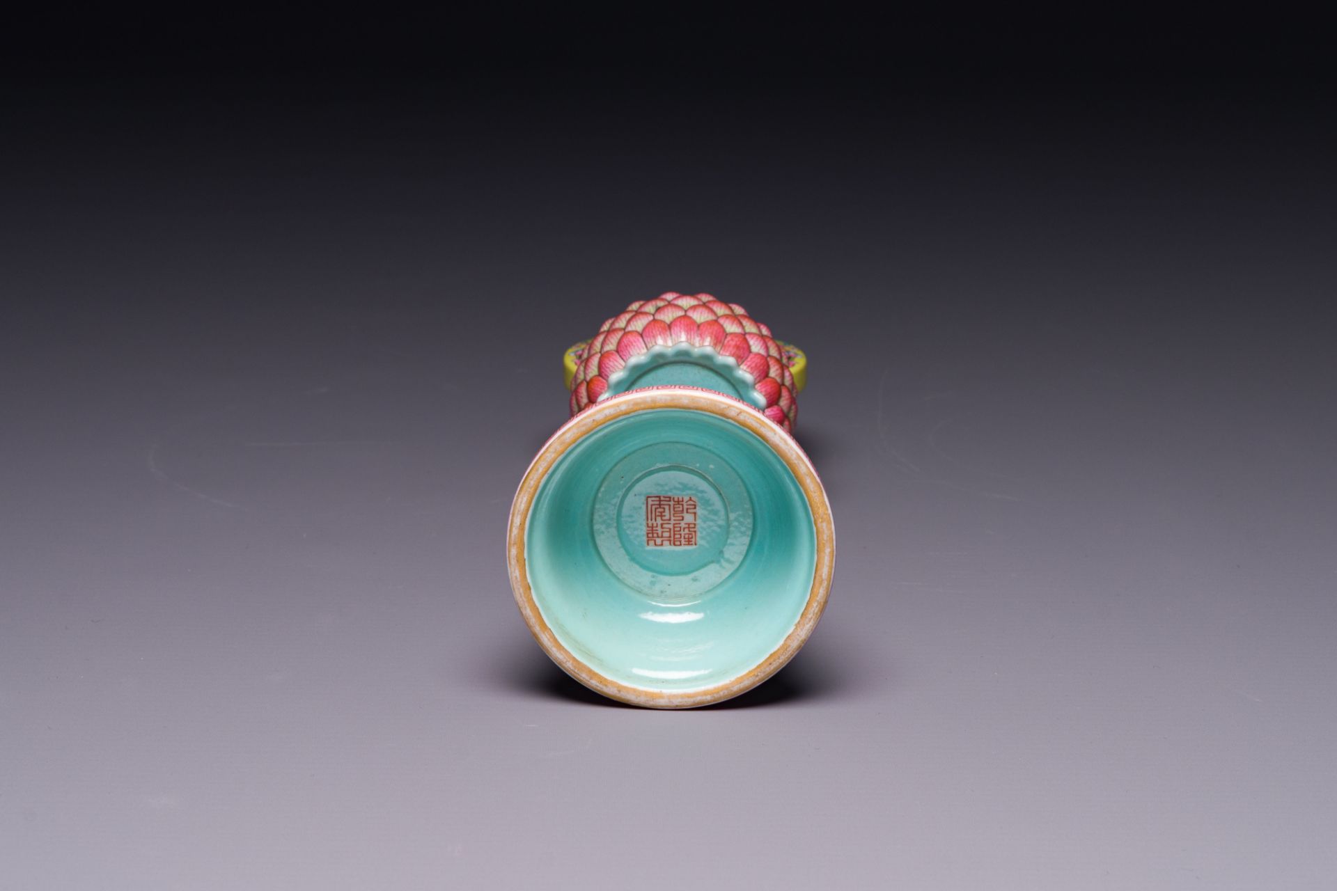 A rare Chinese famille rose Buddhist emblem altar ornament, Qianlong mark and of the period - Image 5 of 5