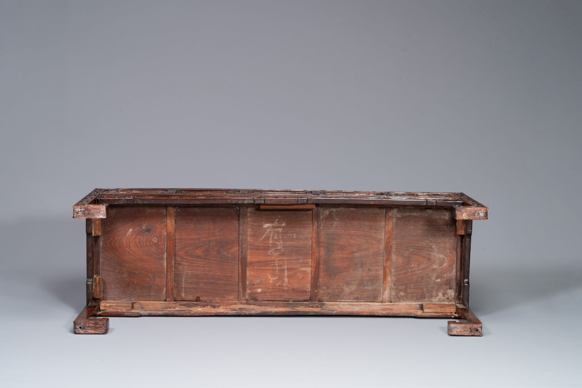 A Chinese carved wooden stand and a low table with marble tops, 19th C. - Image 7 of 10