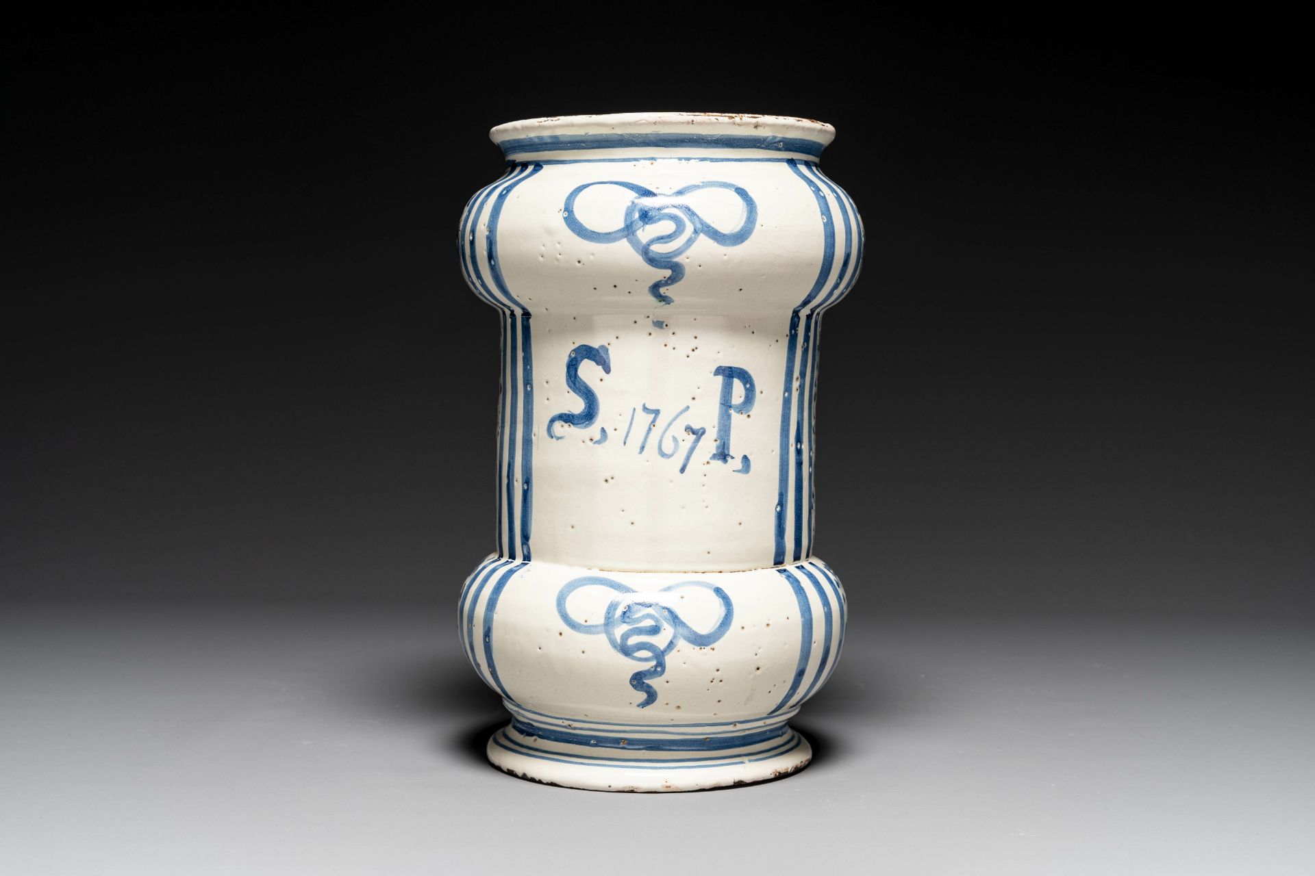 A large Italian blue, white and manganese albarello drug jar inscribed Charitas, probably Savona - Image 2 of 10