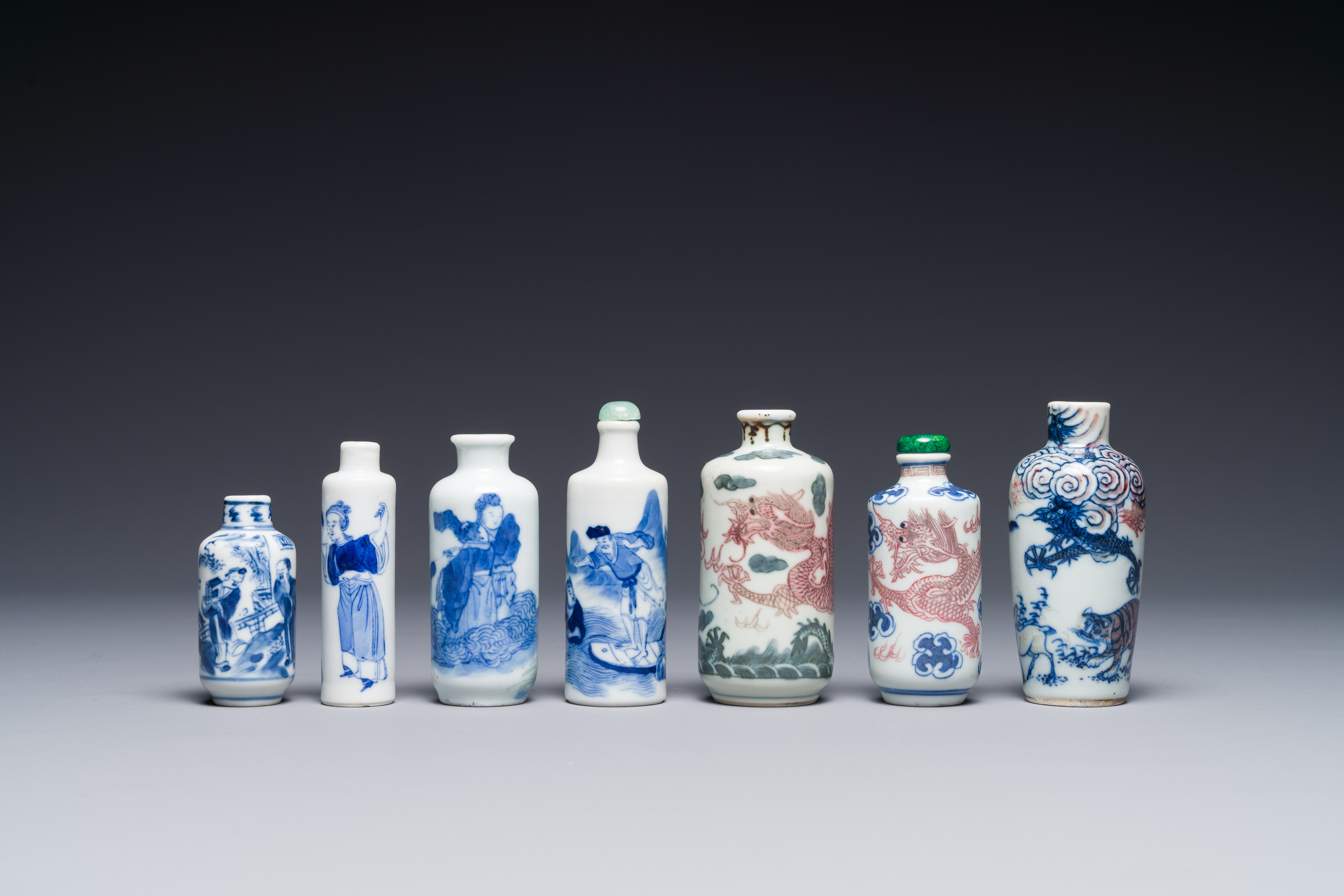 Seven Chinese blue, white and copper-red snuff bottles, Yongle and Yongzheng mark, 19th C. - Image 2 of 4