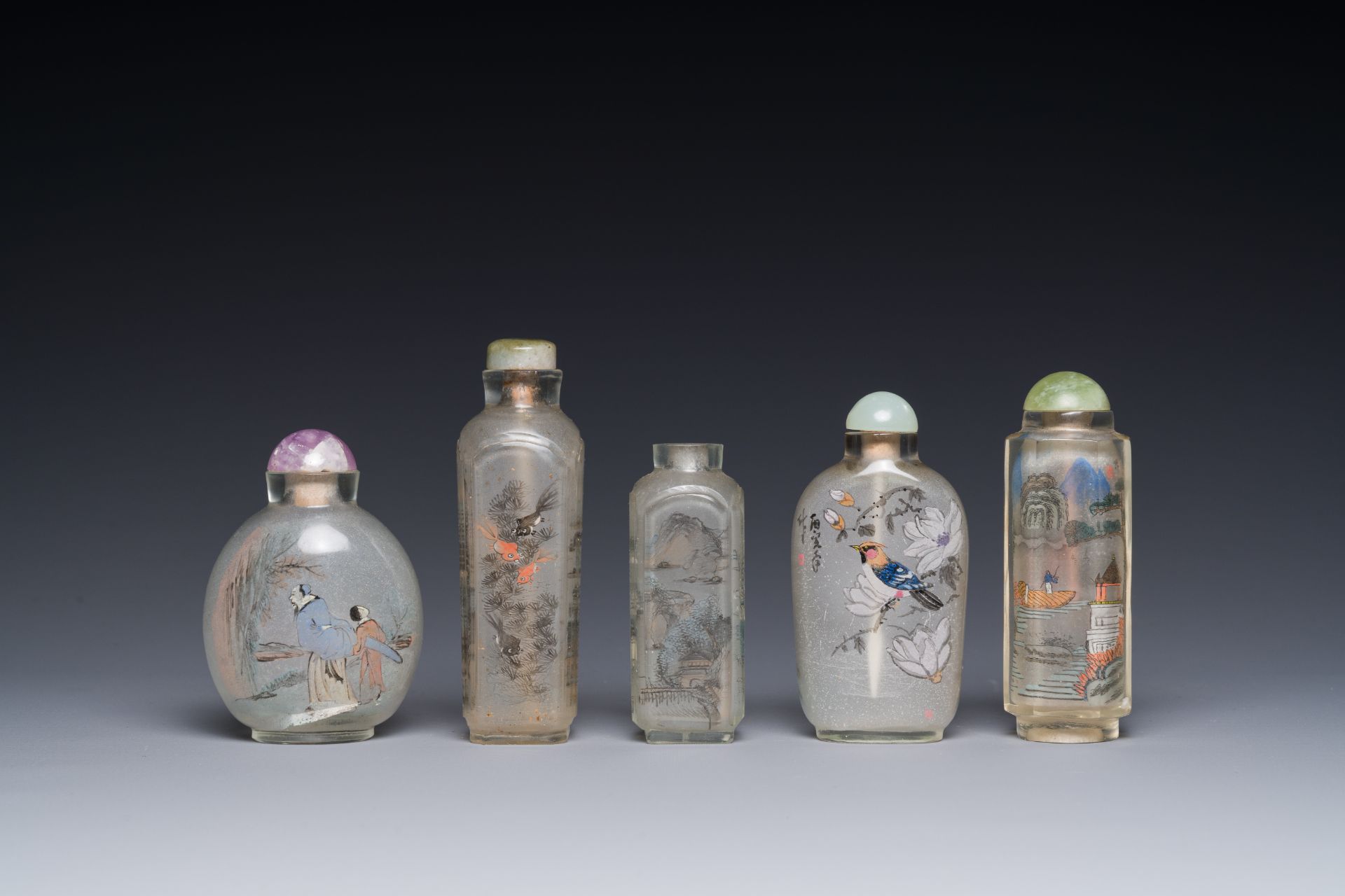 Five Chinese inside-painted glass snuff bottles, 20th C. - Image 2 of 4