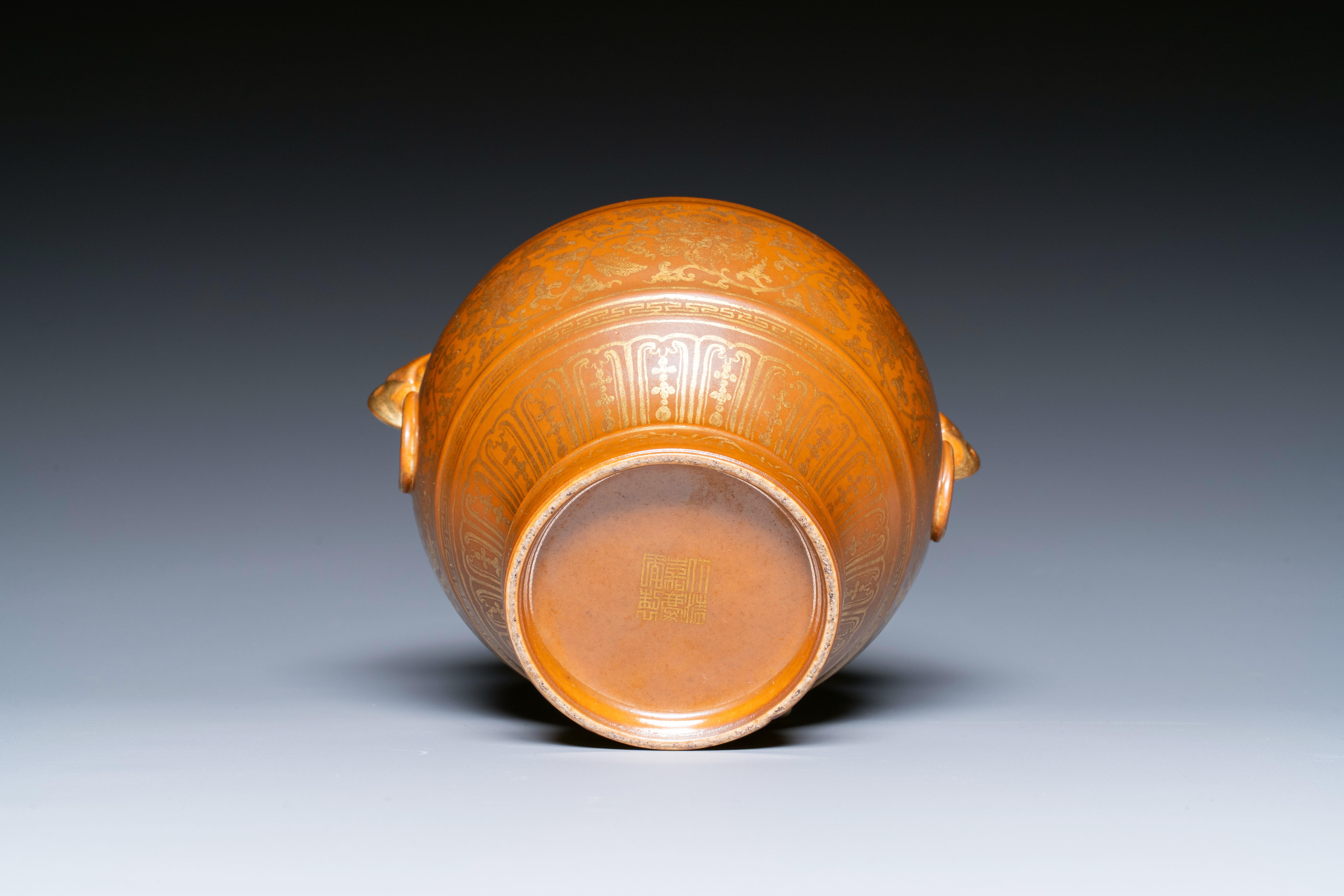 A Chinese brown-glazed 'hu' vase with gilt flower scrolls, Jiaqing mark and of the period - Image 6 of 6