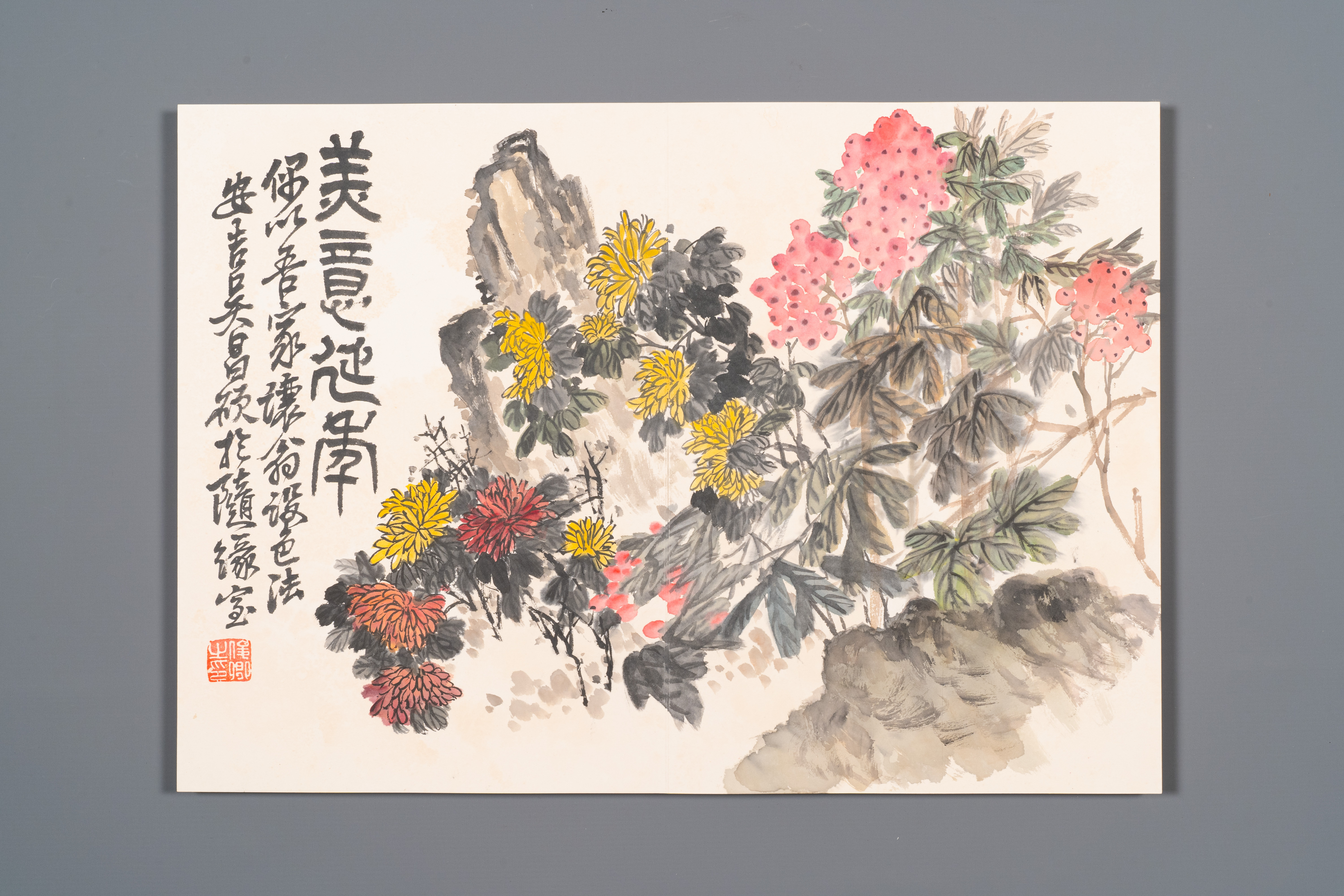 Wu Changshuo å´æ˜Œç¡• (1844-1927): Album with 10 floral works accompanied by calligraphy, ink and c - Image 8 of 14