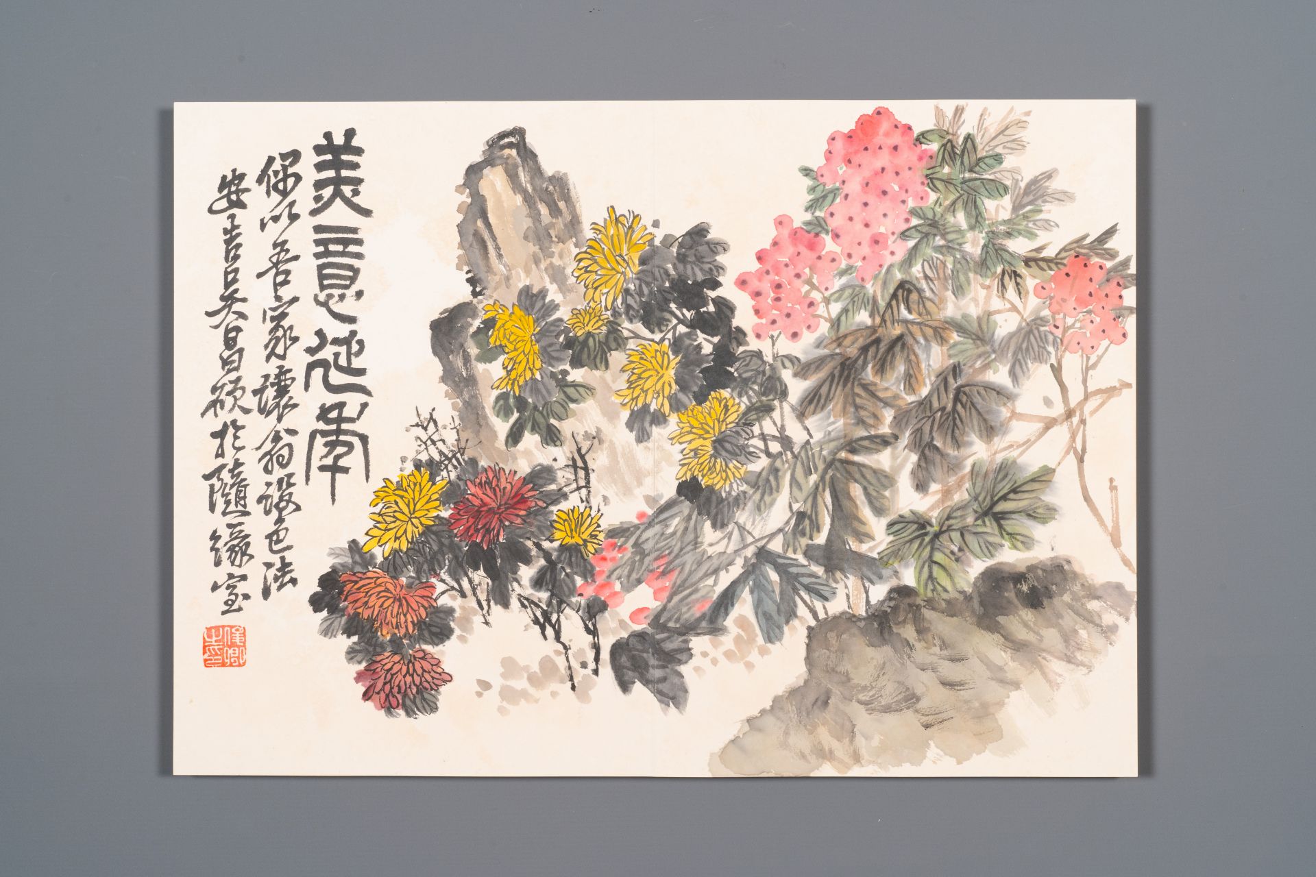 Wu Changshuo å´æ˜Œç¡• (1844-1927): Album with 10 floral works accompanied by calligraphy, ink and c - Bild 8 aus 14