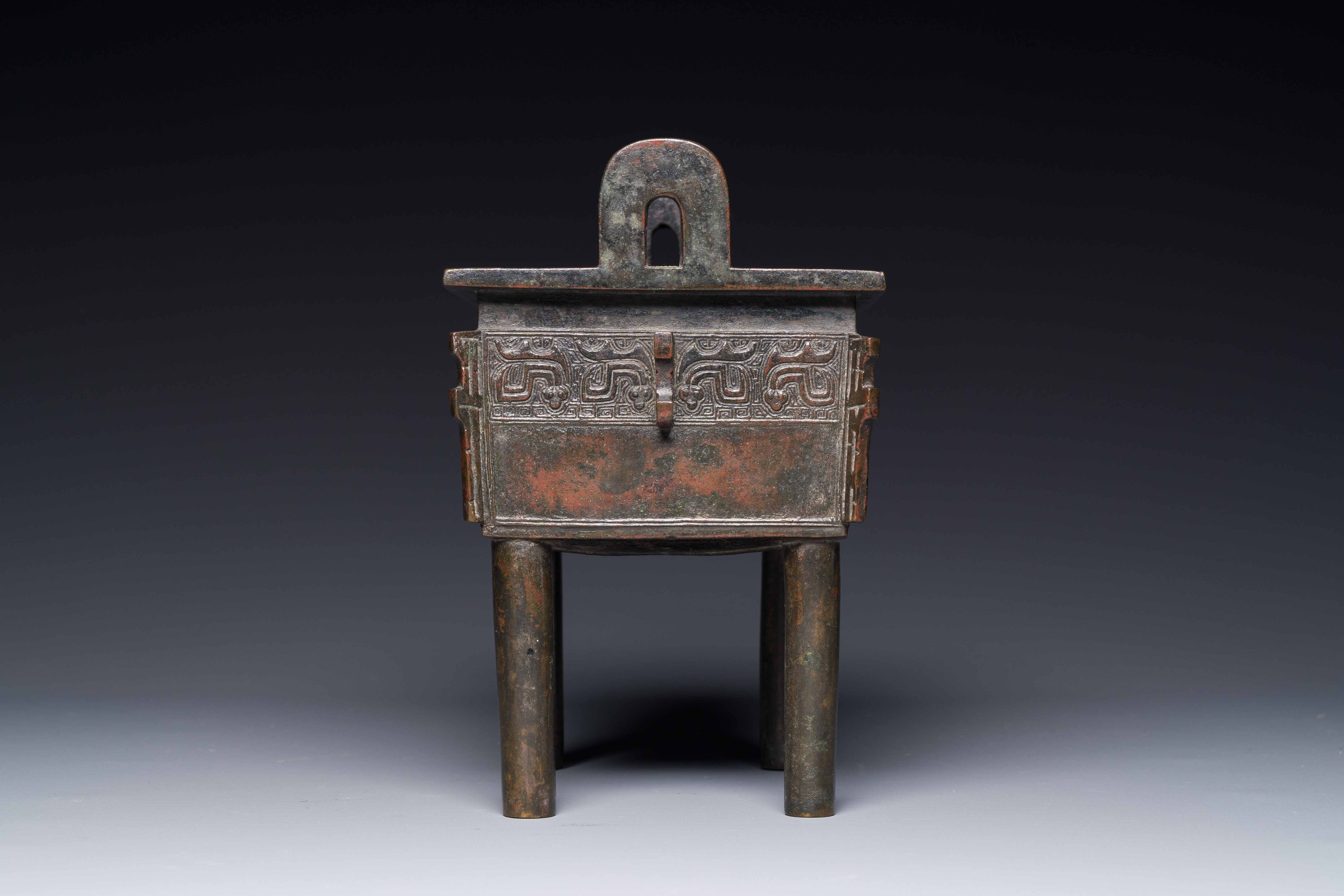 A Chinese Western Zhou-style rectangular bronze 'fangding' censer, Ming - Image 6 of 8