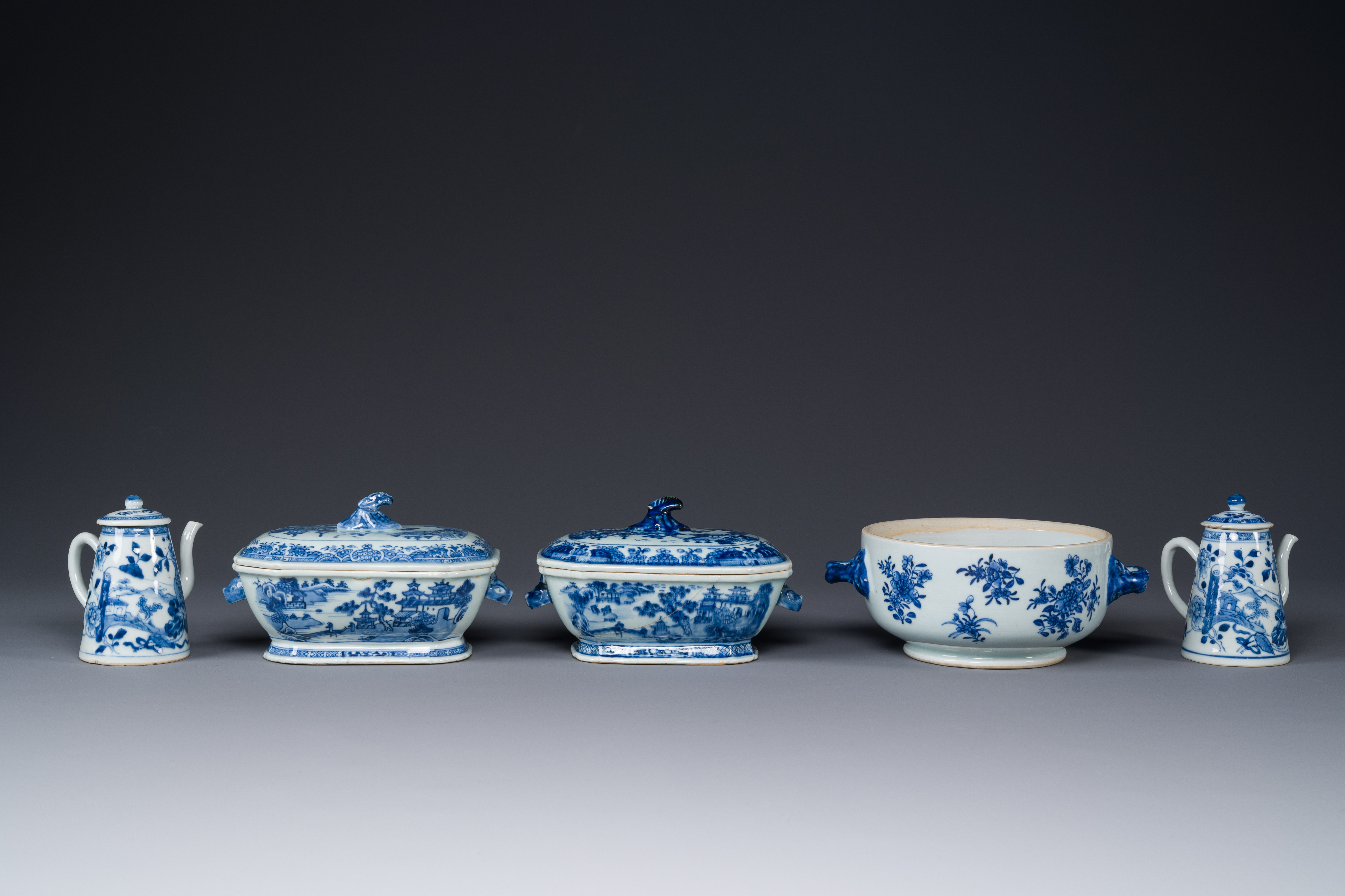 A pair of Chinese blue and white miniature chocolate jugs and three tureens, Qianlong - Image 3 of 5