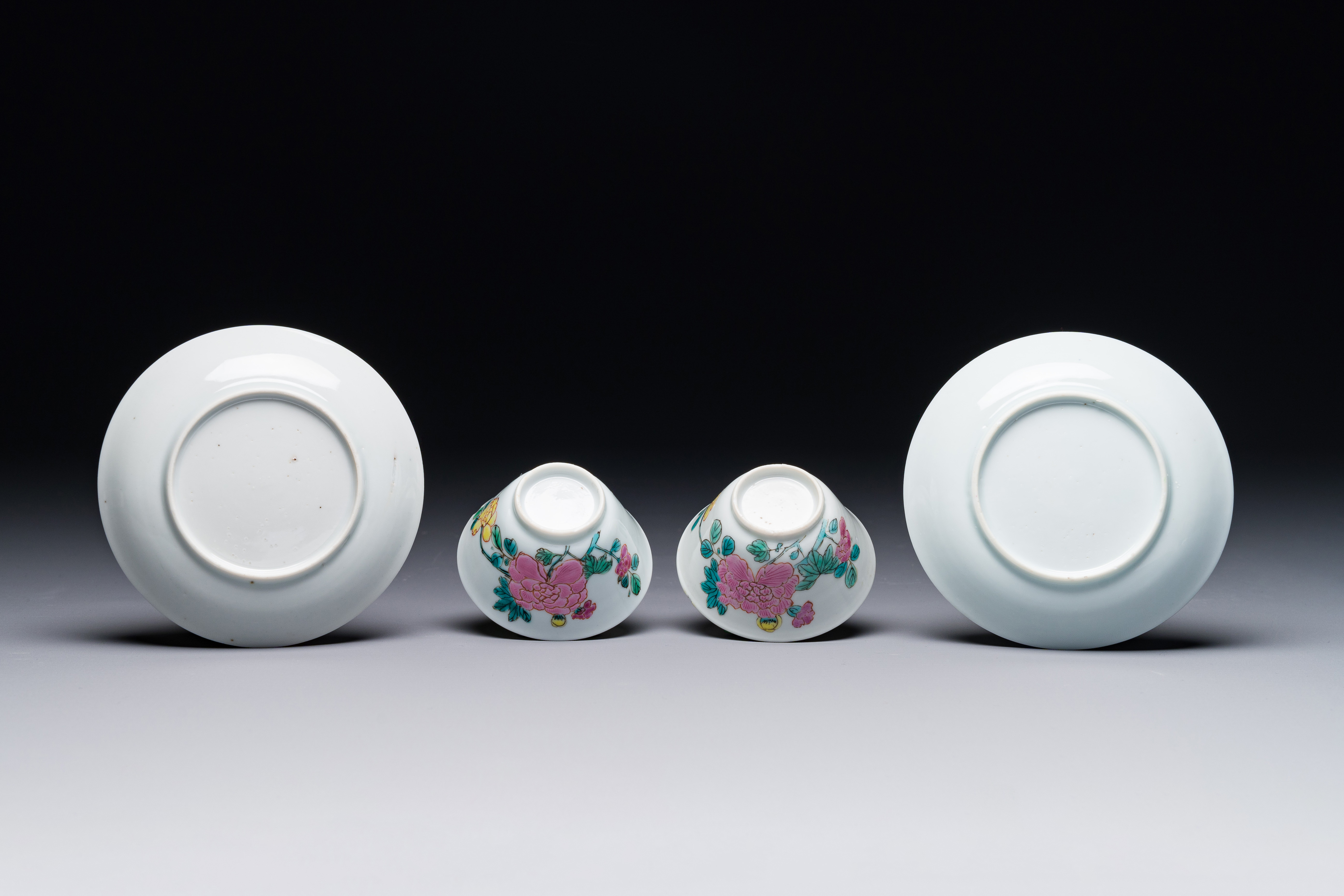A pair of Chinese famille rose 'peony' cups and saucers, Yongzheng - Image 3 of 3