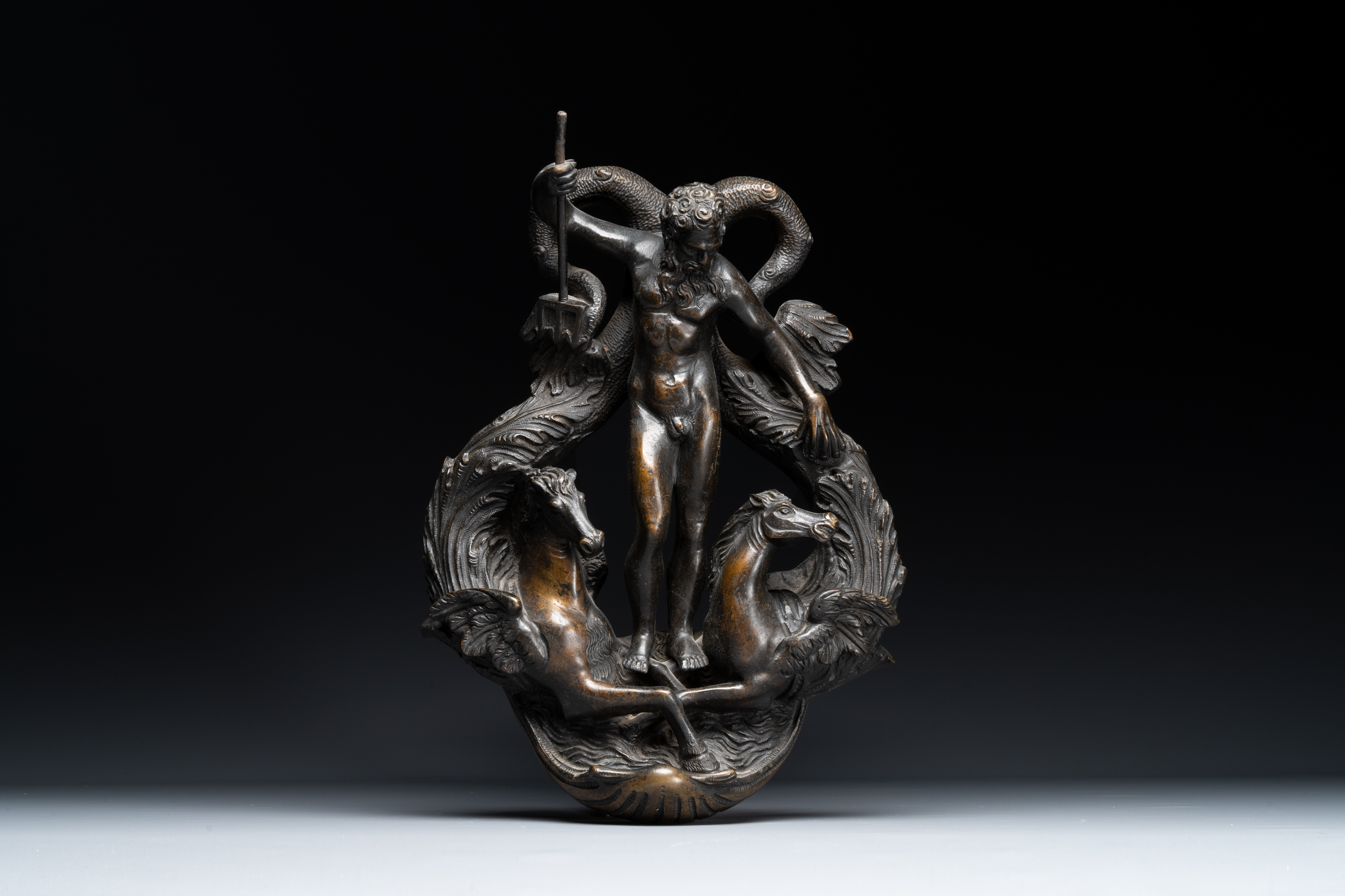 A large bronze door knocker with Neptune and two winged horses, Venice, 19th C.