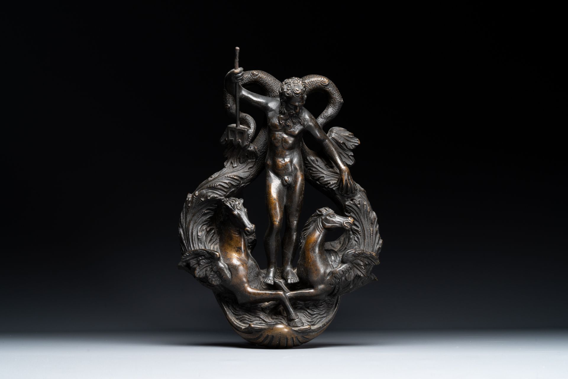 A large bronze door knocker with Neptune and two winged horses, Venice, 19th C.