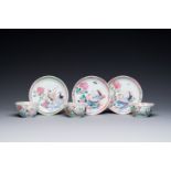 Three Chinese famille rose 'pheasant' cups and saucers, Yongzheng