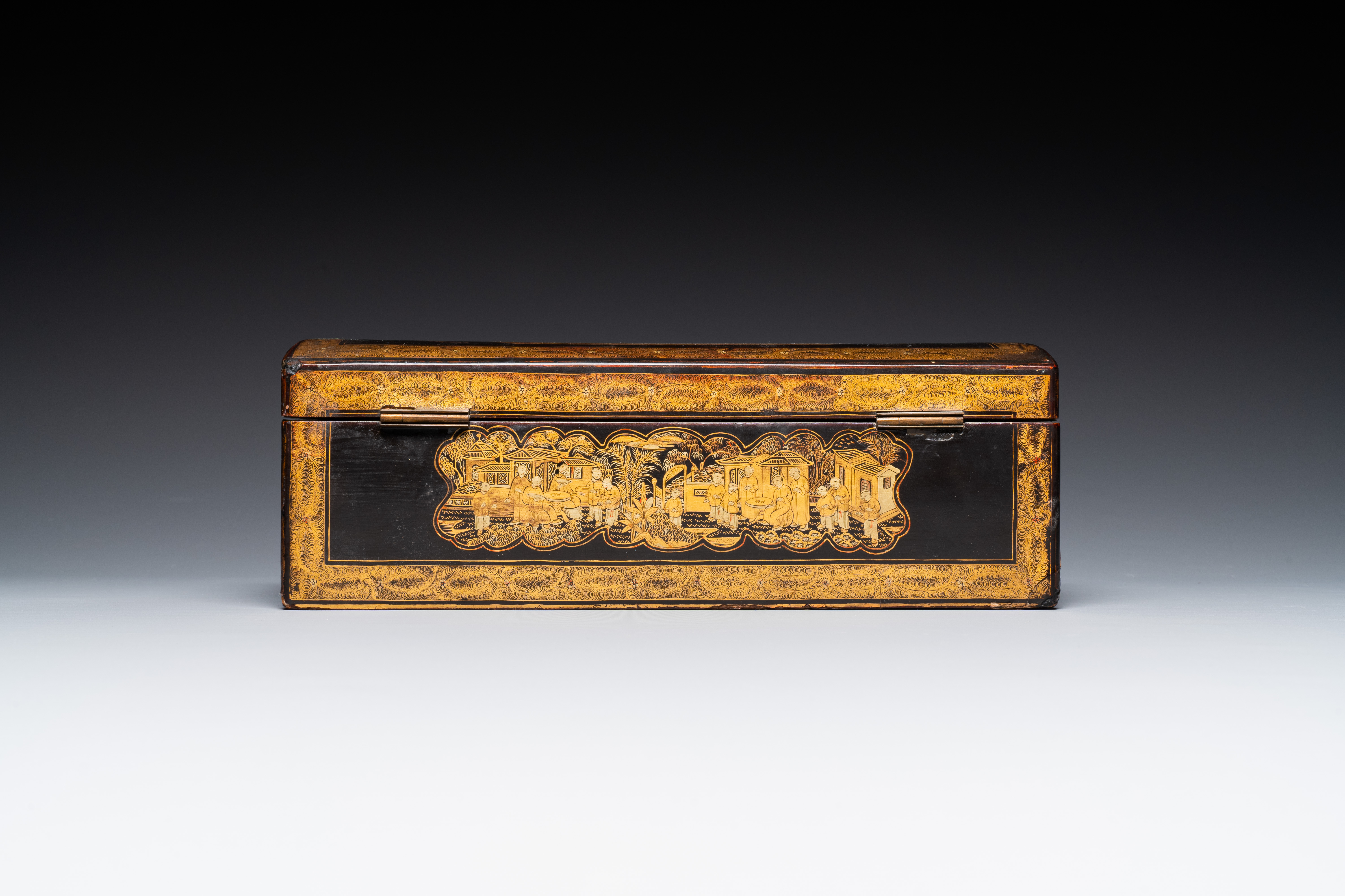 A large Chinese Canton gilt black lacquer tray, thee boxes and a fan, 19th C. - Image 12 of 17
