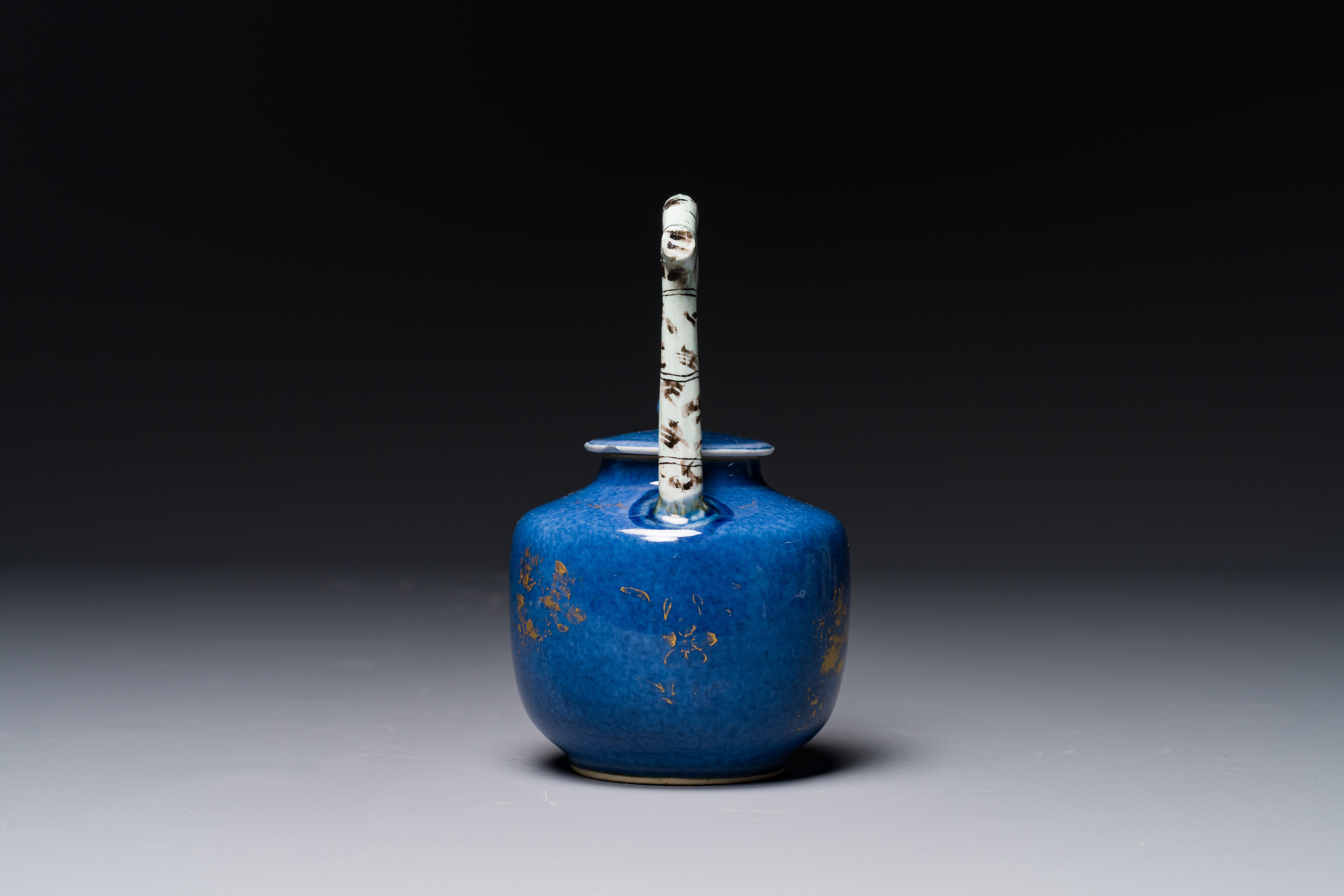 A Chinese gilt-decorated powder-blue teapot and cover with a faux-bamboo handle, Kangxi - Image 2 of 5