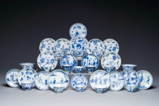 A collection of 15 Chinese blue-white cups and 19 saucers, Kangxi/Yongzheng